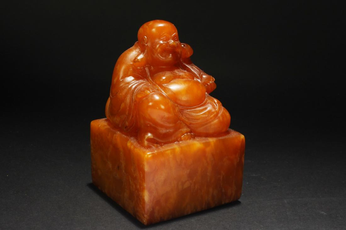 A Chinese Happ-buddha Fortune Soapstone Seal: A Chinese Happ-buddha Fortune Soapstone Seal . Height: 3.1 (inch). Width: 4.8 (inch).