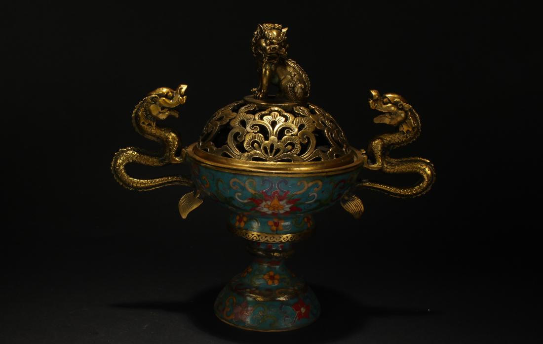 A Chinese Duo-handled Estate Dragon-decorating: A Chinese Duo-handled Estate Dragon-decorating Cloisonne Censer . Height: 9 (inch).