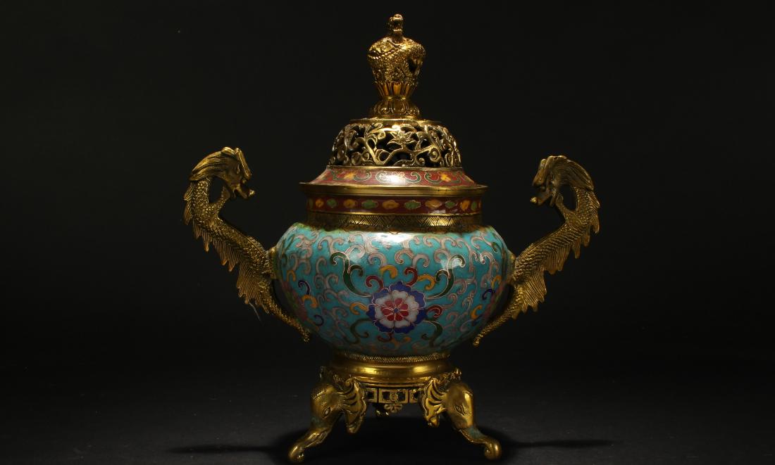 A Chinese Duo-handled Cloisonne Myth-beast Censer: A Chinese Duo-handled Cloisonne Myth-beast Censer Display . Height: 10.1 (inch). Width: 9.5 (inch).