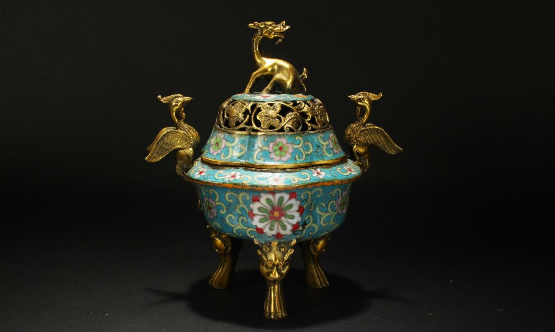 A Chinese Lidded Estate Cloisonne Myth-beast Censer: A Chinese Lidded Estate Cloisonne Myth-beast Censer . Height: 9 (inch).