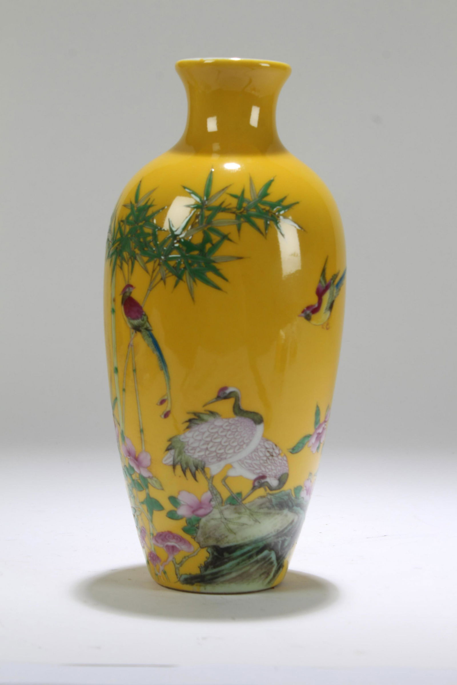 A Chinese Crane-fortune Yellow Porcelain Vase Display (1 of 4)