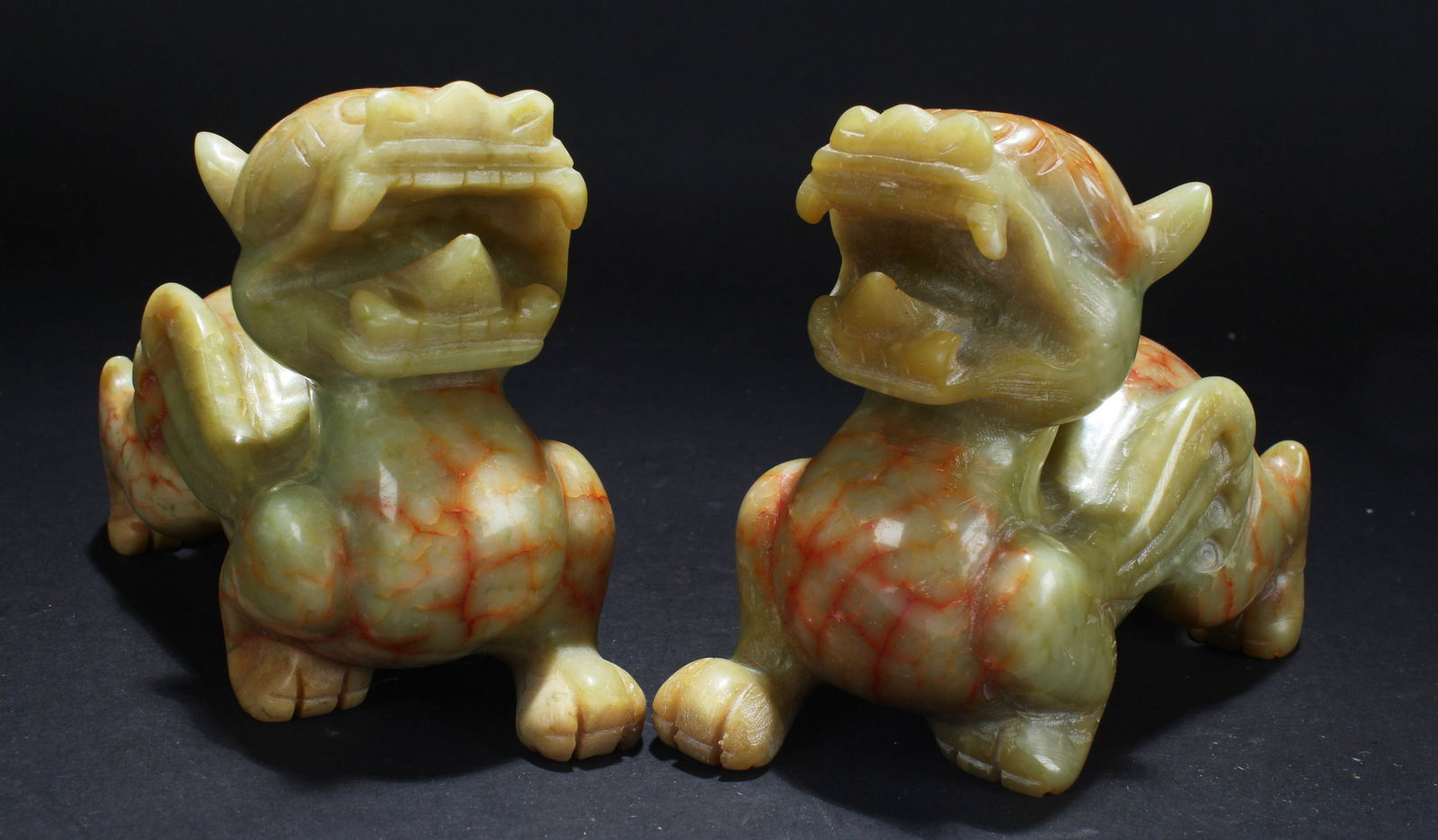 A Pair of Chinese Old-jade Curving Myth-beast Statue (1 of 5)