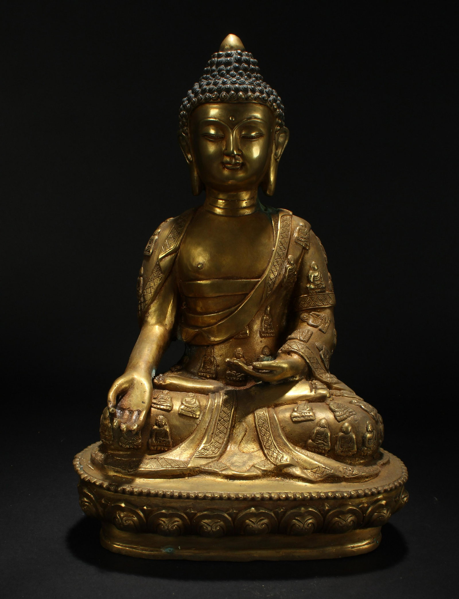 An Estate Chinese Lotus-seated Gilt Fortune Buddha: An Estate Chinese Lotus-seated Gilt Fortune Buddha Statue . Height: 15 (inch).