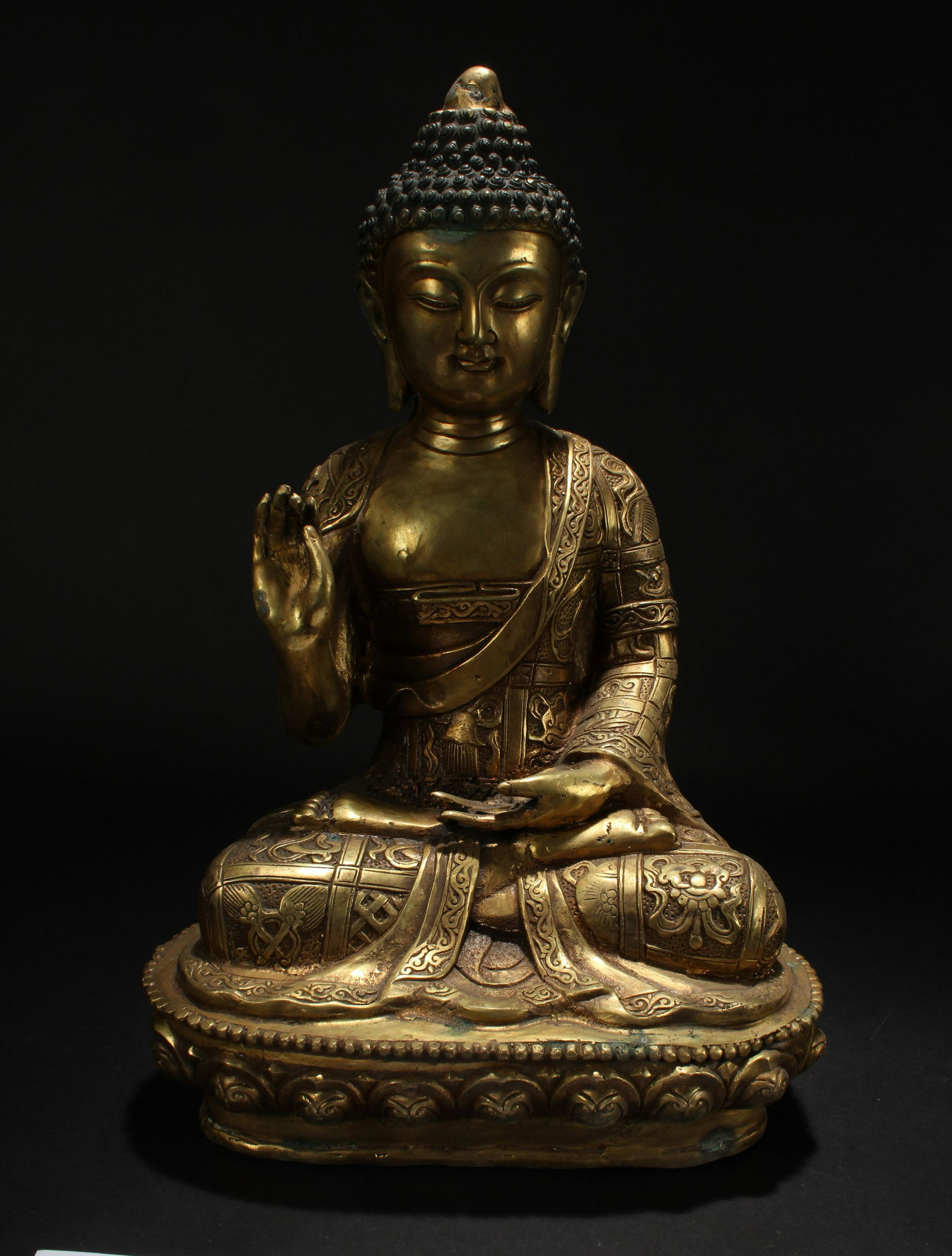 A Chinese Lotus-seated Gilt Buddha Fortune Statue: A Chinese Lotus-seated Gilt Buddha Fortune Statue . Height: 15.25 (inch).