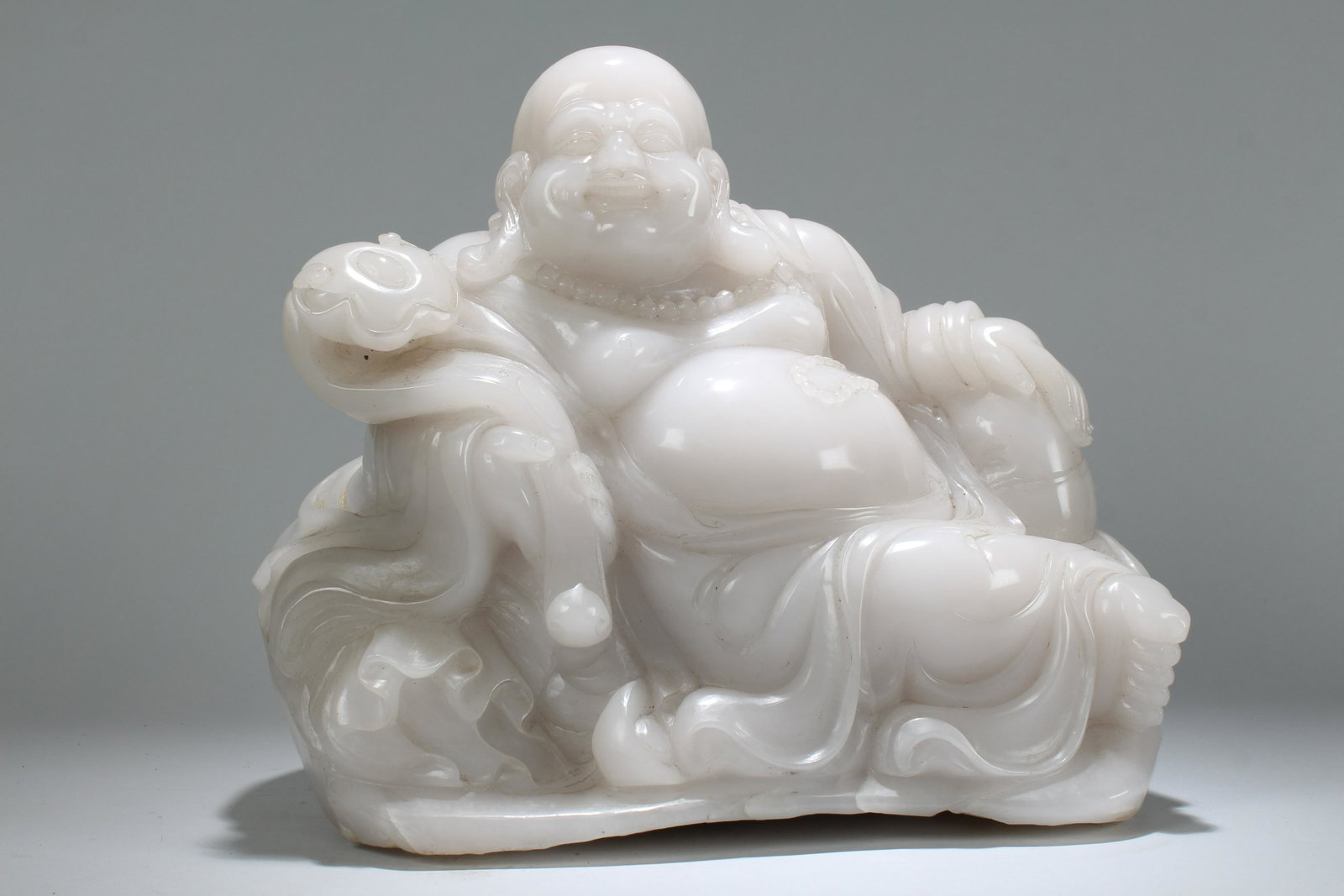 An Estate Chinese Vividly Detailed Massive Jade-curving: An Estate Chinese Vividly Detailed Massive Jade-curving Happybuddha Statue . Height: 11 (inch). Length: 13 (inch). Width: 8 (inch).