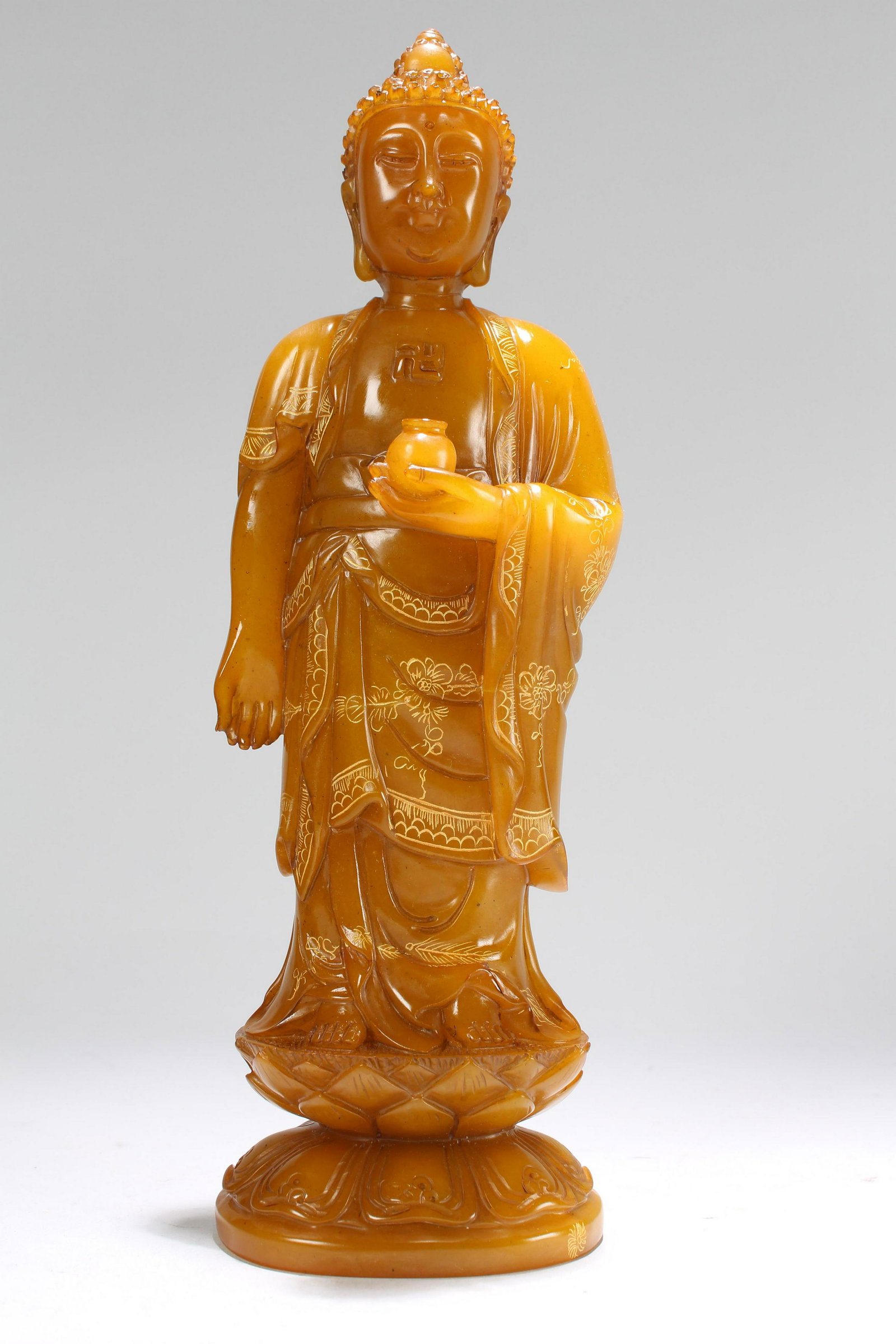 An Estate Chinese Religious Vividly Detailed Soapstone: An Estate Chinese Religious Vividly Detailed Soapstone Lotus-framing Fortune Statue . Height: 10.75 (inch).