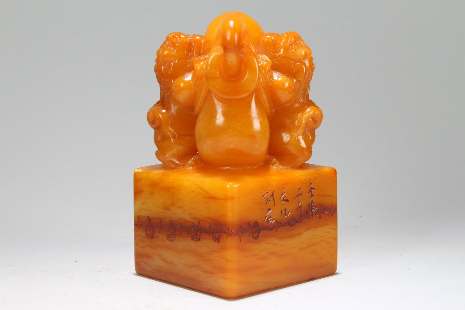 A Chinese Vividly-detailed Poetry-framing Fortune: A Chinese Vividly-detailed Poetry-framing Fortune Soapstone Seal . Height: 5.5 (inch). Length: 3 (inch). Width: 3 (inch).