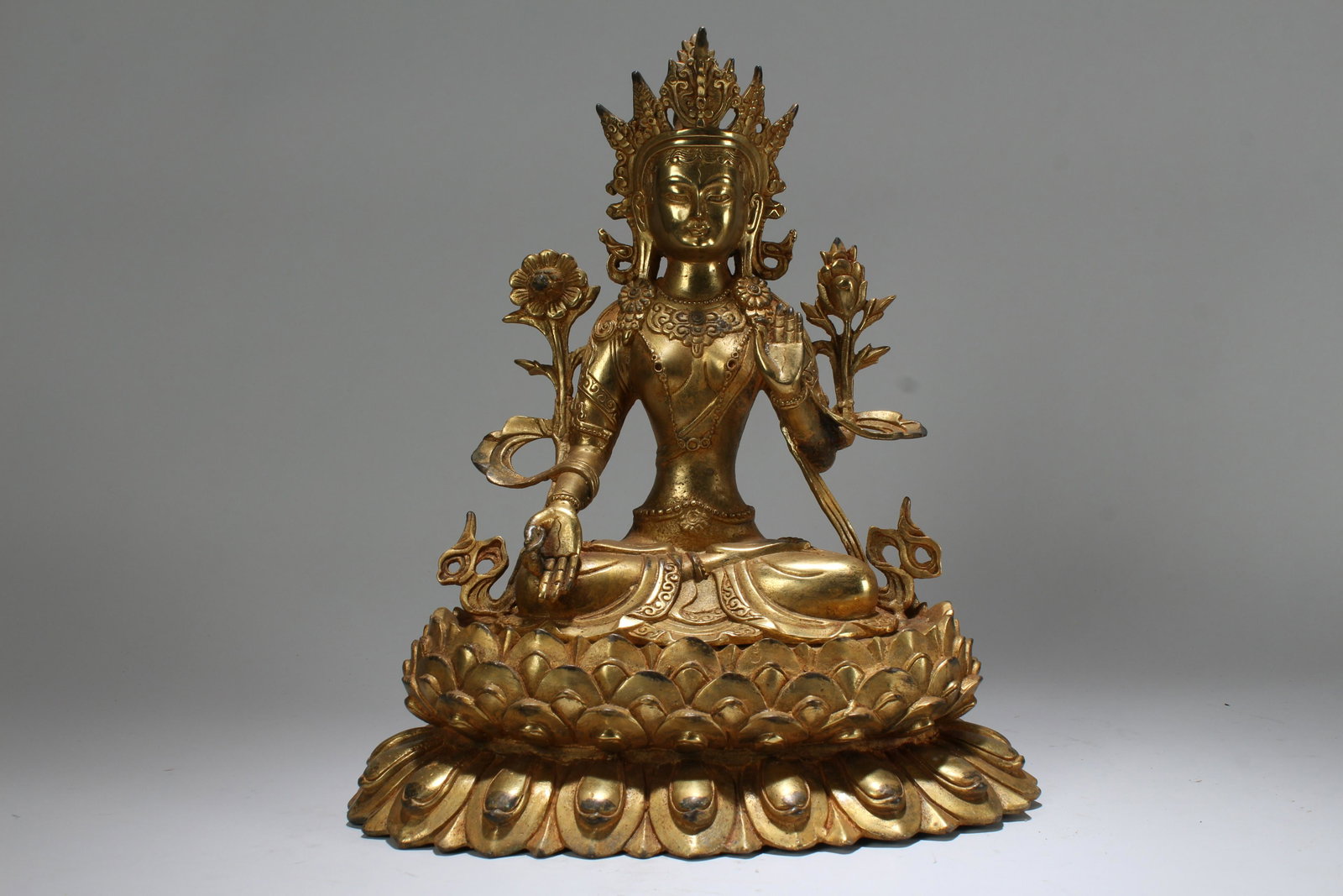 An Estate Chinese Gilt Lotus-seated Buddha Statue: An Estate Chinese Gilt Lotus-seated Buddha Statue . Height: 11.75 (inch).