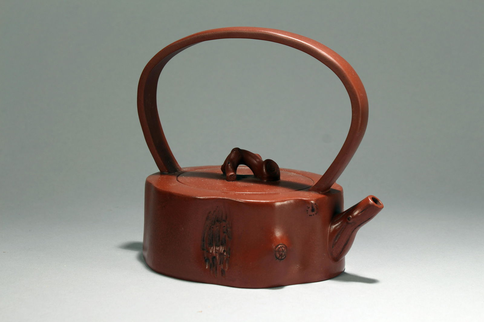 Chinese Zisha Teapot: Chinese Zisha Teapot. Height: 5.25 (inch). Length: 5.75 (inch).