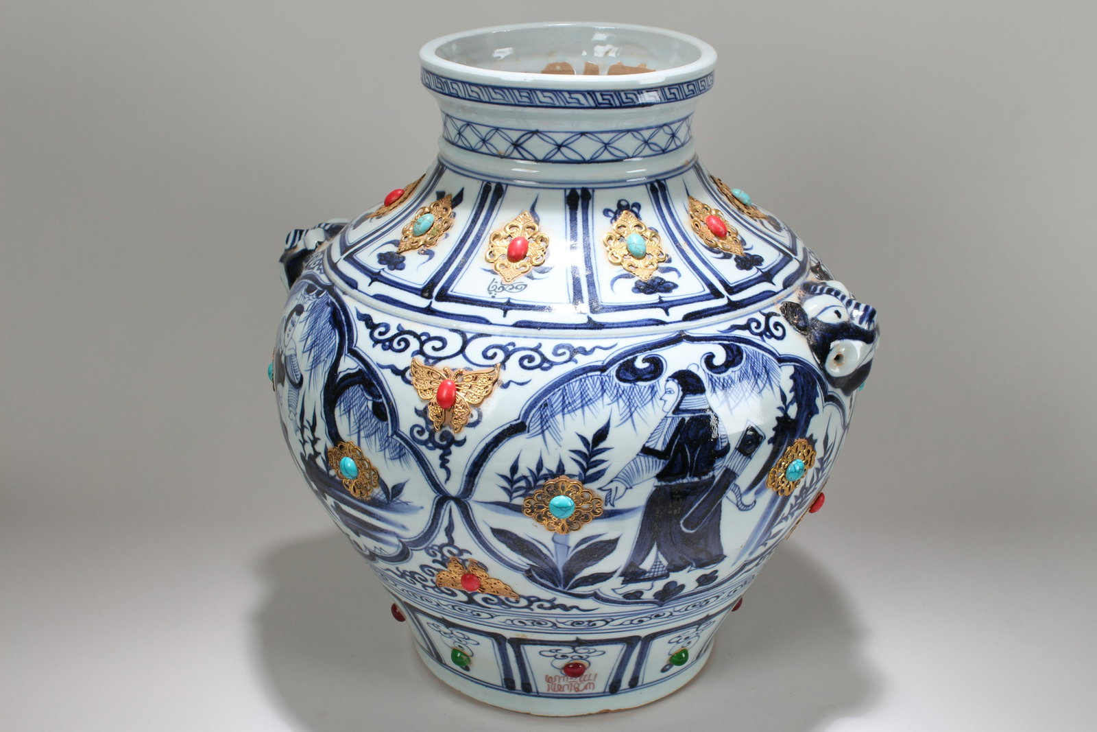 A Chinese Window-framed Blue and White Fortune Plated: A Chinese Window-framed Blue and White Fortune Plated Porcelain Vase . Height: 14 (inch).