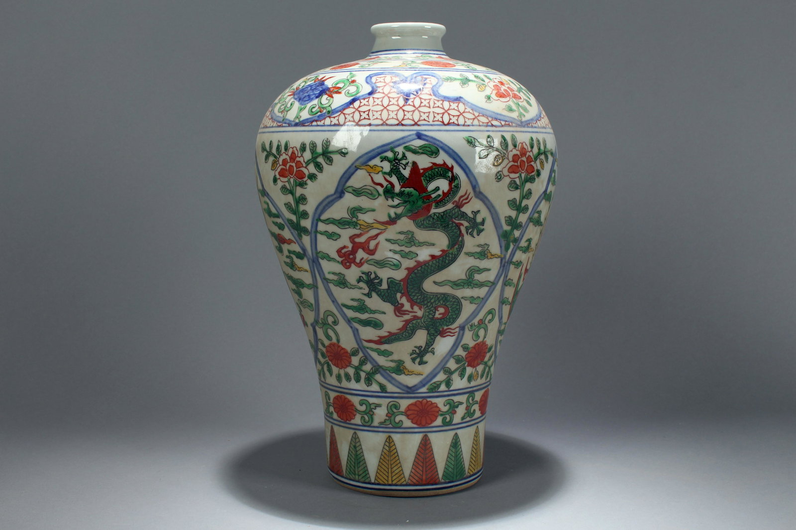 An Estate Chinese Dragon-decorating Window-framed: An Estate Chinese Dragon-decorating Window-framed Porcelain Fortune Vase . Height: 13.25 (inch).