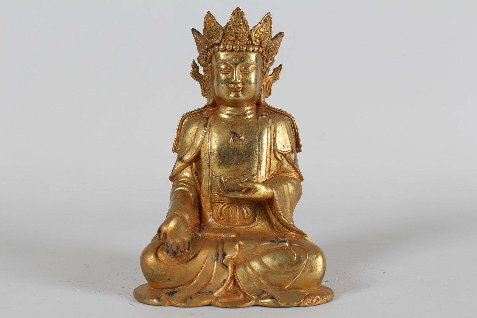 A Chinese Detailed Fortune Gilt Religious Buddha Statue: A Chinese Detailed Fortune Gilt Religious Buddha Statue . Height: 7.25 (inch).