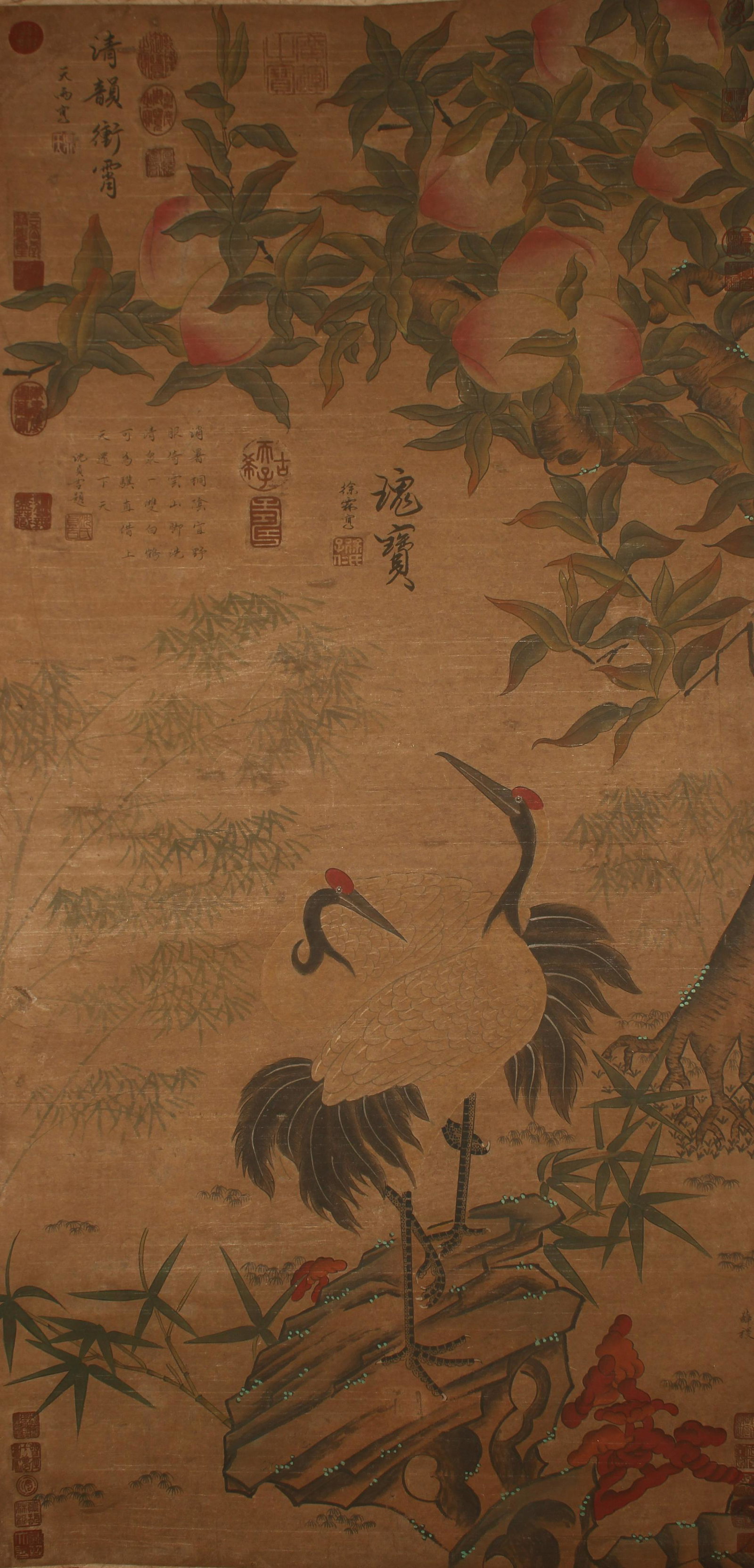 A Chinese Poetry-framing Crane-portrait Fortune Scroll: A Chinese Poetry-framing Crane-portrait Fortune Scroll . Length: 51 (inch). Width: 25 (inch).