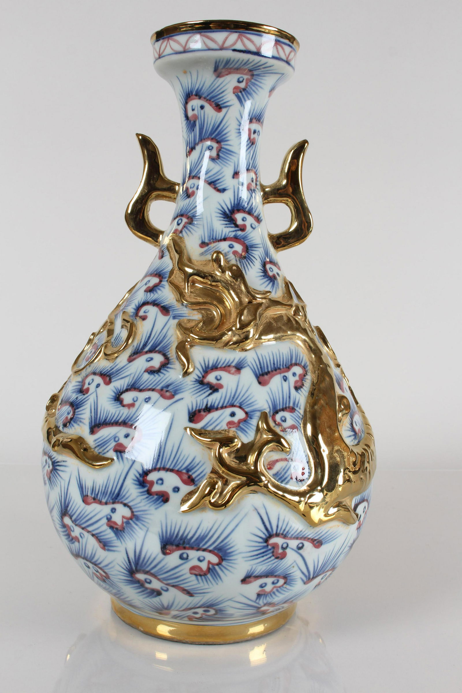 A Chinese Duo-handled Plated Blue and White Dragon-decorating Porcelain Vase (1 of 5)