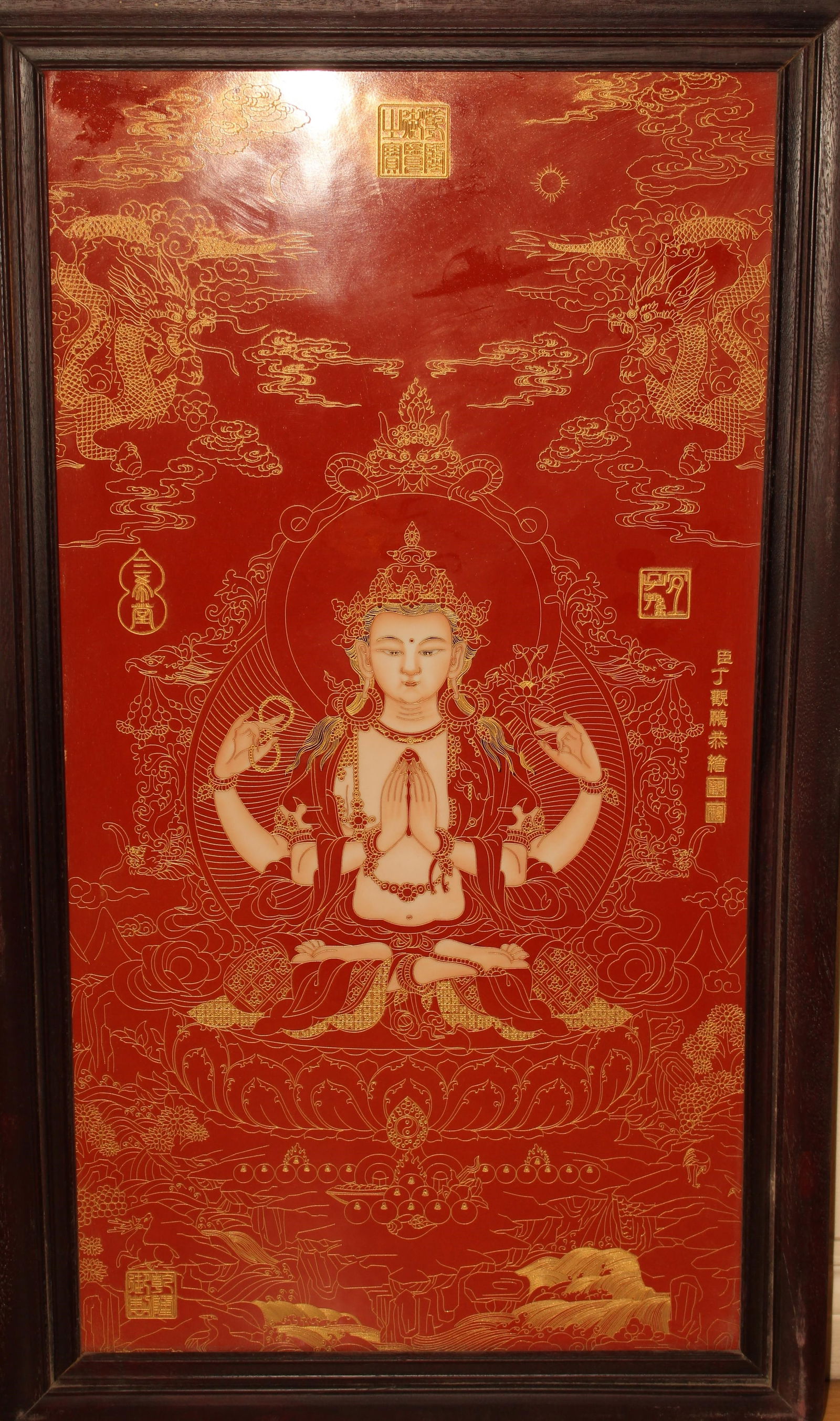 A Hardwood Chinese Bodhisattva Massive Religious Porcelain Plaque (1 of 6)