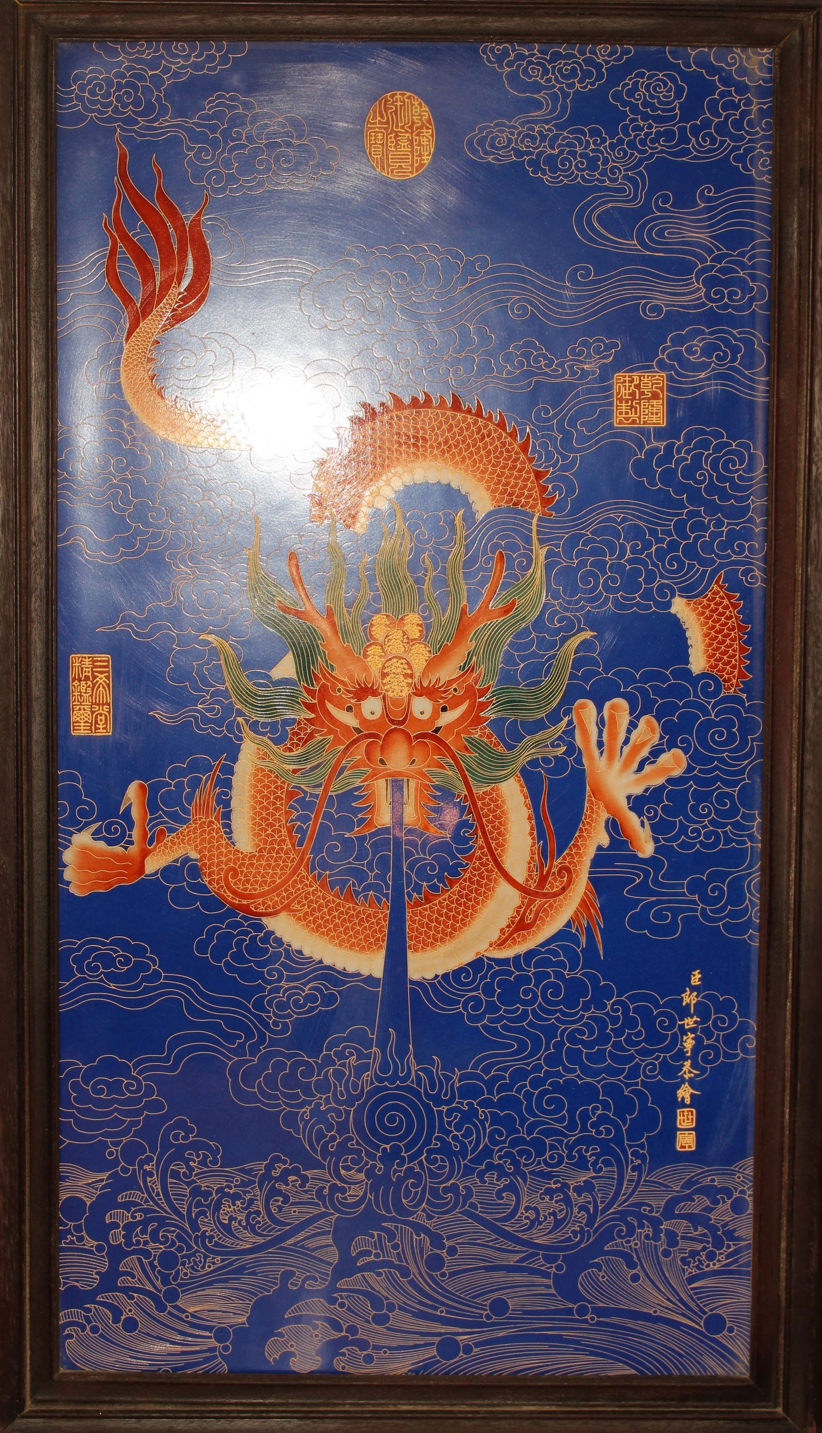 A Hardwood Chinese Dragon-decorating Massive Religious Porcelain Plaque (1 of 7)