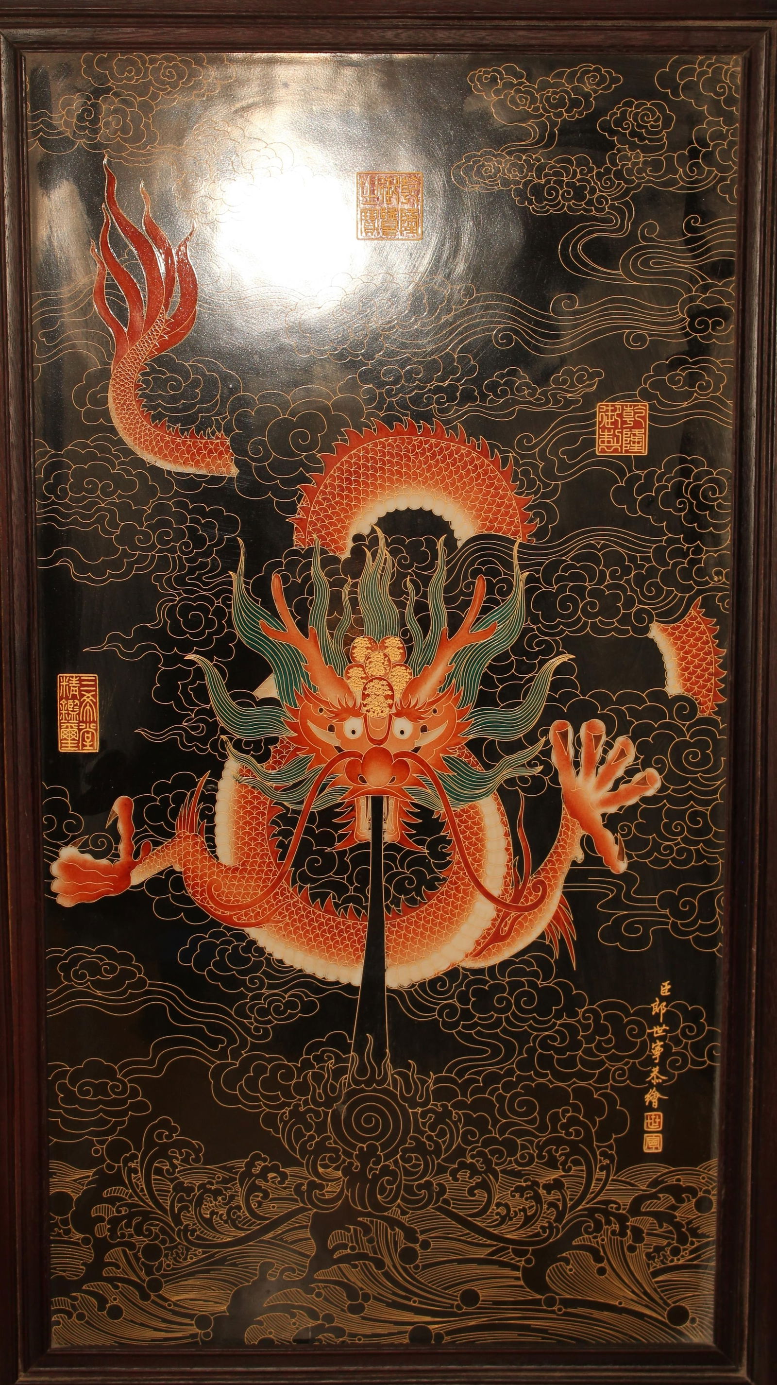 A Hardwood Chinese Dragon-decorating Massive Religious Porcelain Plaque (1 of 7)