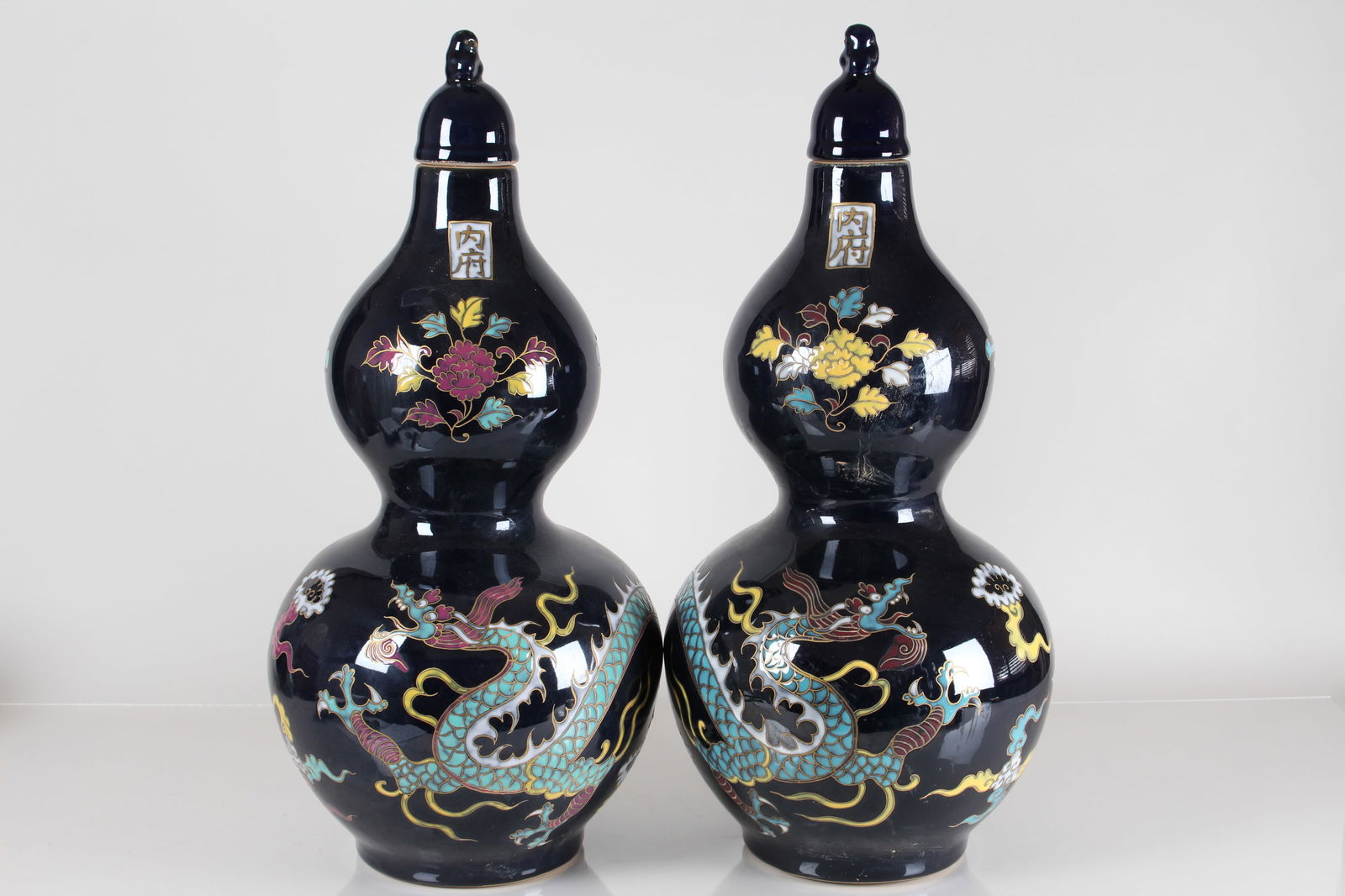 Collection of Chinese Black-coding Dragon-decorating Porcelain Fortune Vases (1 of 4)