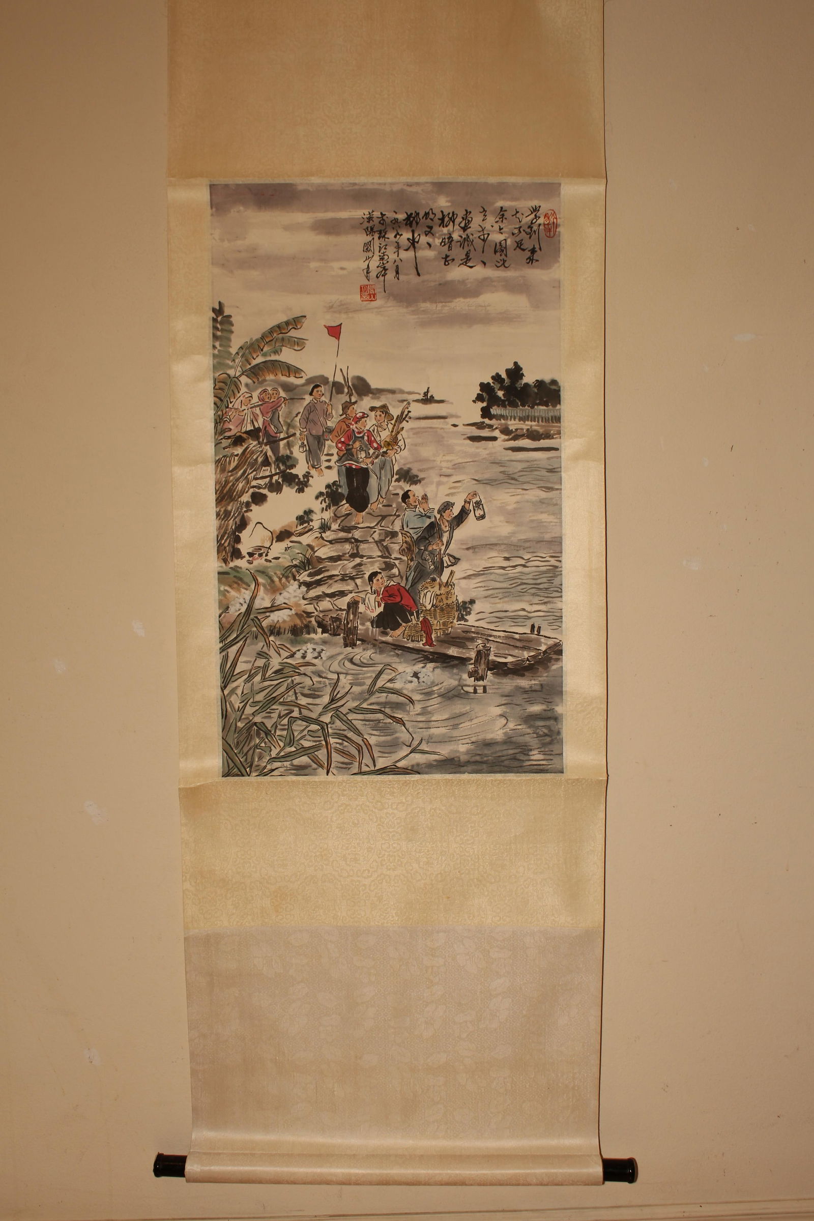 A Chinese Lake-view Portrait Story-telling Fortune Scroll: A Chinese Lake-view Portrait Story-telling Fortune Scroll. Length: 28 (inch). Width: 16 (inch).