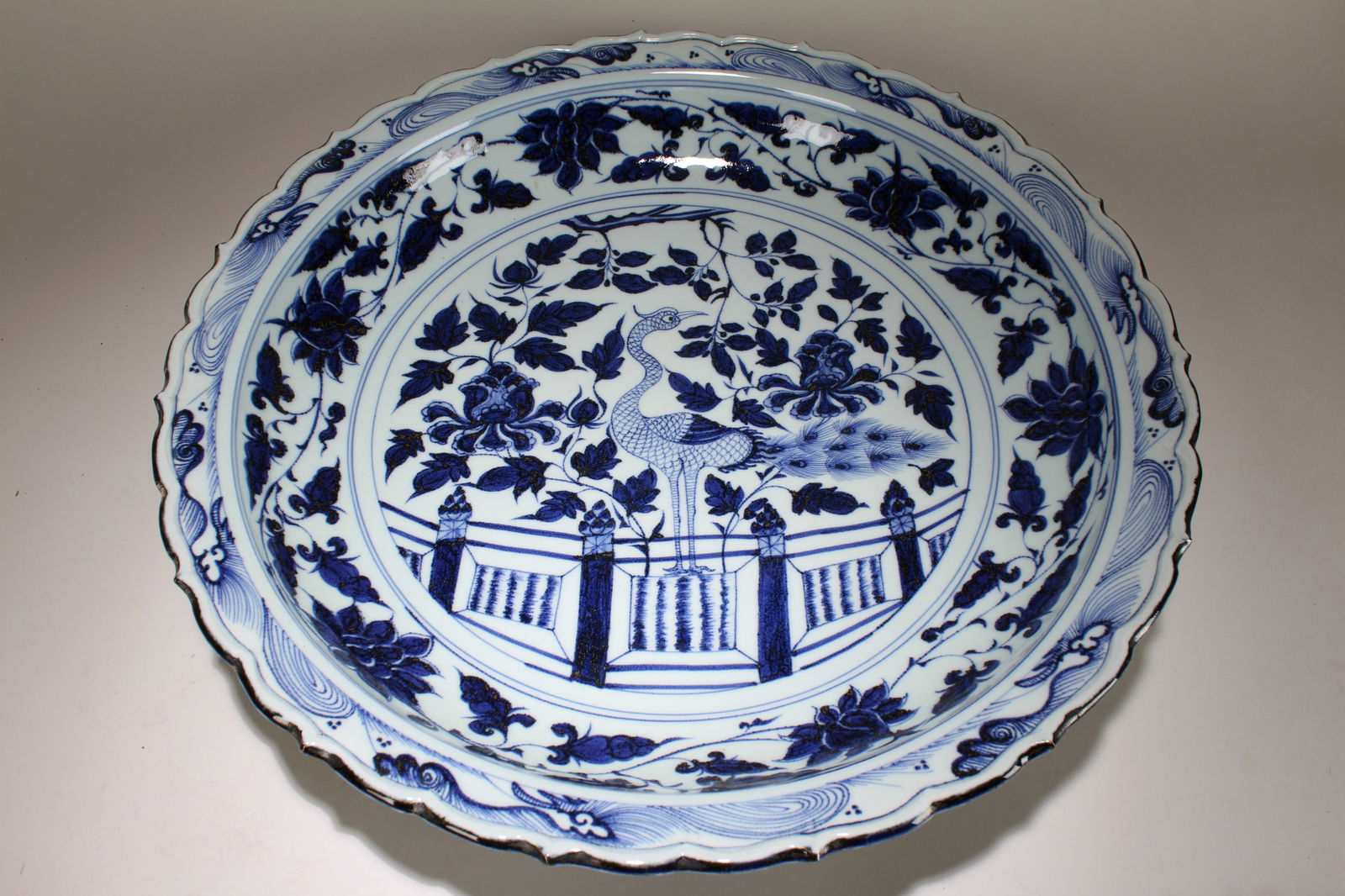 A Chinese Crane-fortune Blue and White Massive Fortune Porcelain Plate: A Chinese Crane-fortune Blue and White Massive Fortune Porcelain Plate. Height: 3 (inch). Opening Diameter: 17.5 (inch).