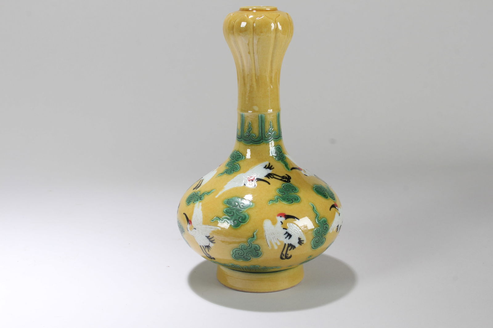 A Chinese Crane-fortune Garlic-head Yellow Porcelain Vase (1 of 3)