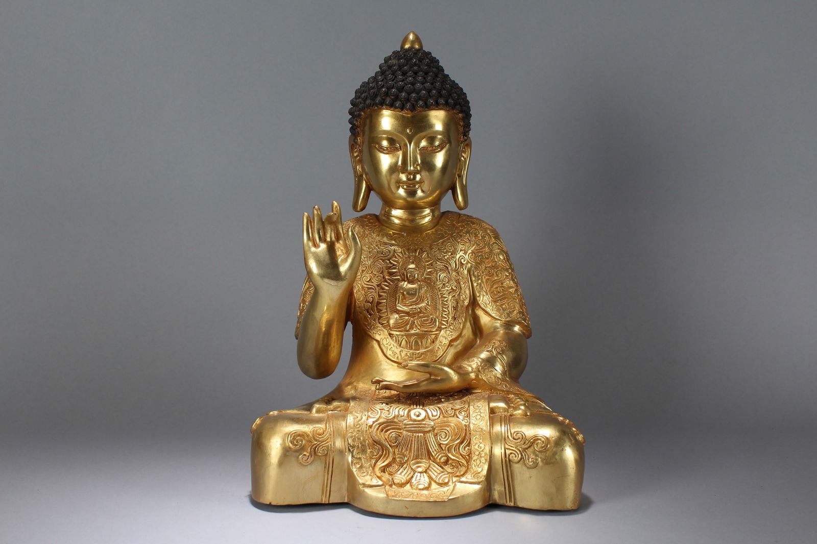 A Chinese Pondering-pose Gilt Religious Fortune Massive Buddha Statue: A Chinese Pondering-pose Gilt Religious Fortune Massive Buddha Statue. Height: 16 (inch). Width: 11 (inch). Length: 8 (inch).