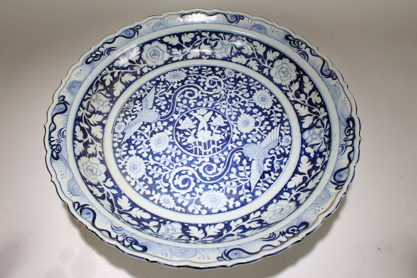 A Chinese Myth-beast Fortune Blue and White Porcelain Plate: A Chinese Myth-beast Fortune Blue and White Porcelain Plate. Height: 3 (inch). Opening Diameter: 17.25 (inch).