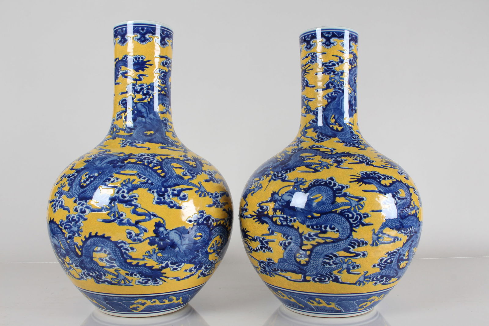 Collection of Chinese Yellow-coding Dragon-decorating Porcelain Fortune Vases: Collection of Chinese Yellow-coding Dragon-decorating Porcelain Fortune Vases. Height: 14.5 (inch).