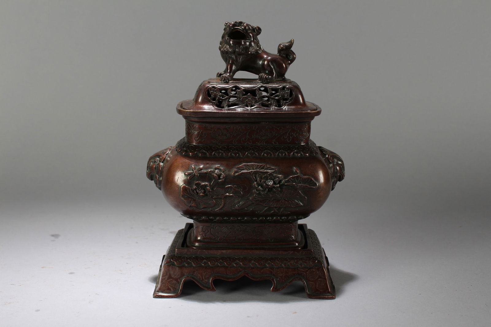 A Chinese Square-based Anicent-framing Lidded Myth-beast Fortune Censer (1 of 7)