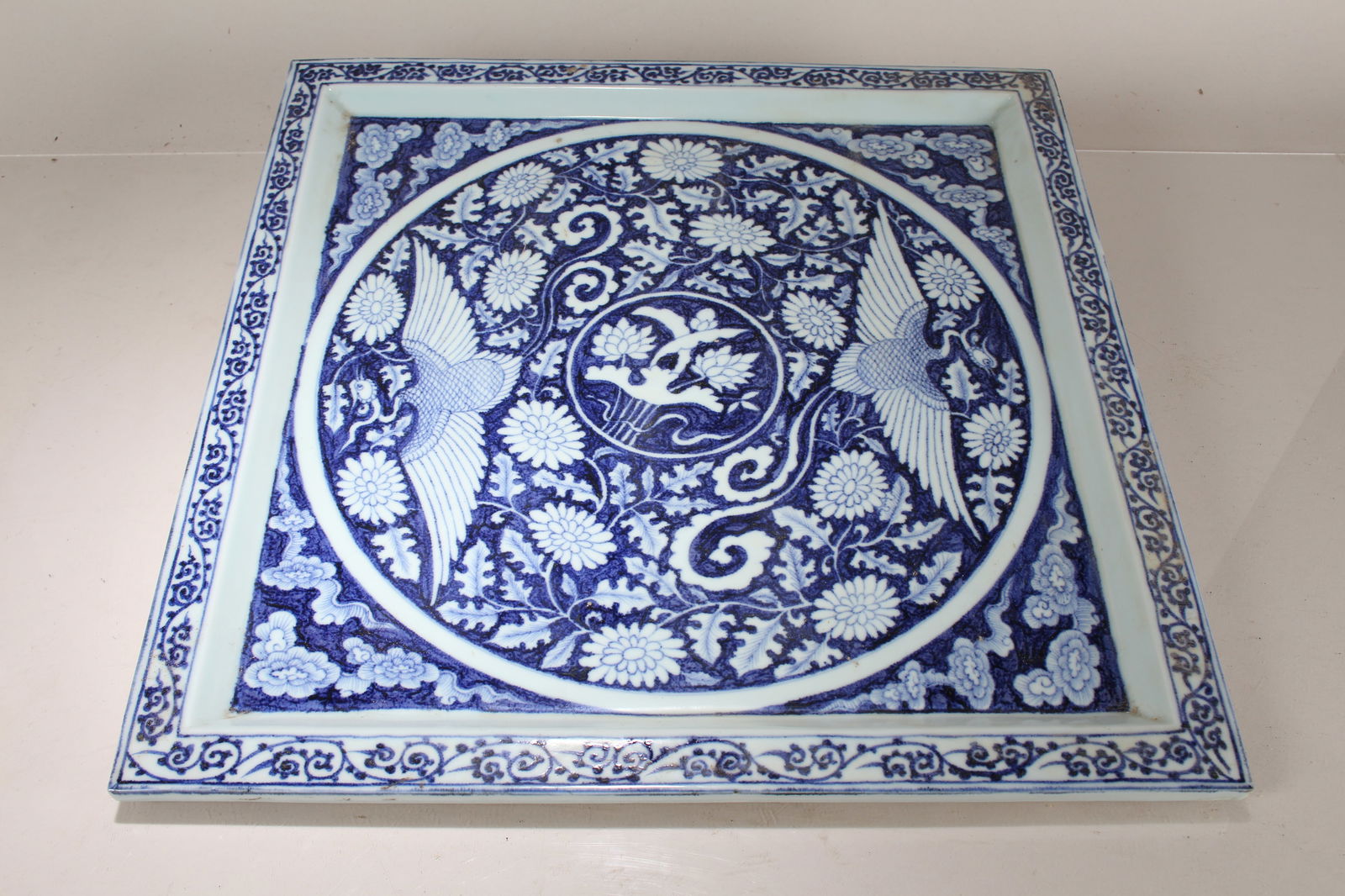 A Chinese Massive Blue and White Square-based Porcelain Fortune Plate: A Chinese Massive Blue and White Square-based Porcelain Fortune Plate. Length: 17 (inch). Width: 17 (inch).