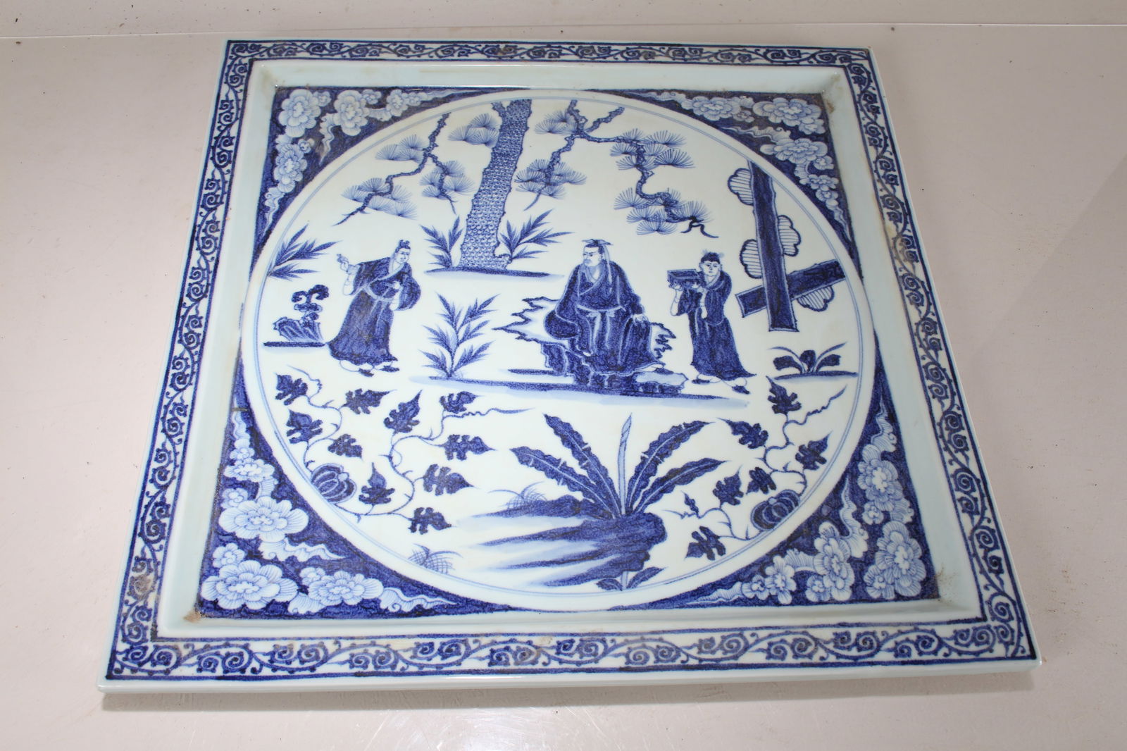 A Chinese Massive Blue and White Square-based Porcelain Fortune Plate: A Chinese Massive Blue and White Square-based Porcelain Fortune Plate. Length: 17 (inch). Width: 17 (inch).