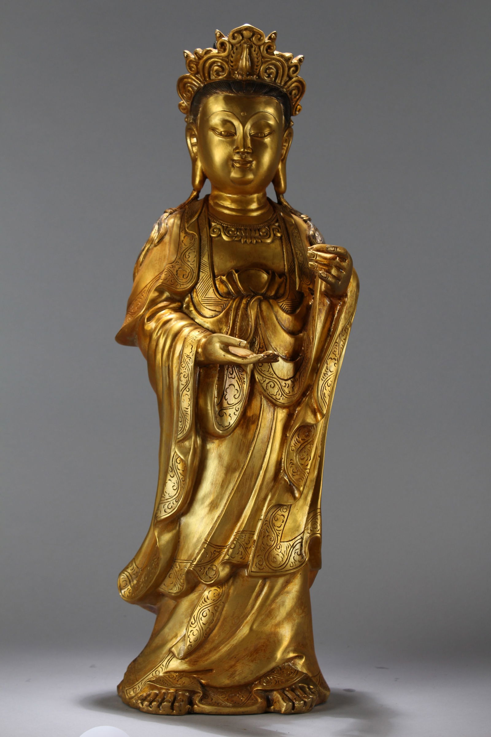 A Chinese Vividly-detailed Gilt Standing-still Fortune Massive Buddha Statue (1 of 7)