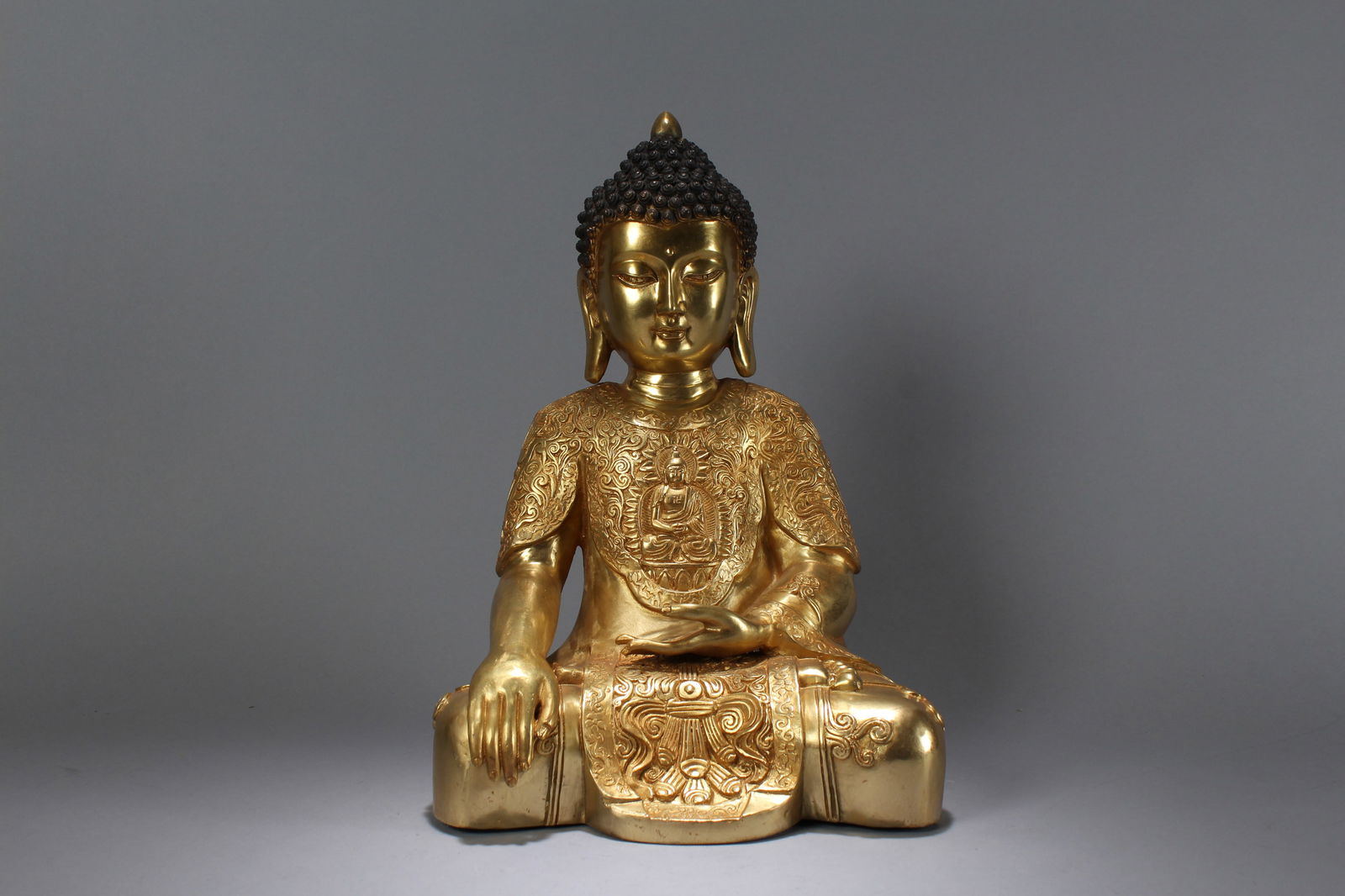 A Chinese Religious Gilt Pondering-pose Fortune Buddha Statue: A Chinese Religious Gilt Pondering-pose Fortune Buddha Statue. Height: 15.5 (inch). Width: 10 (inch). Length: 7 (inch)