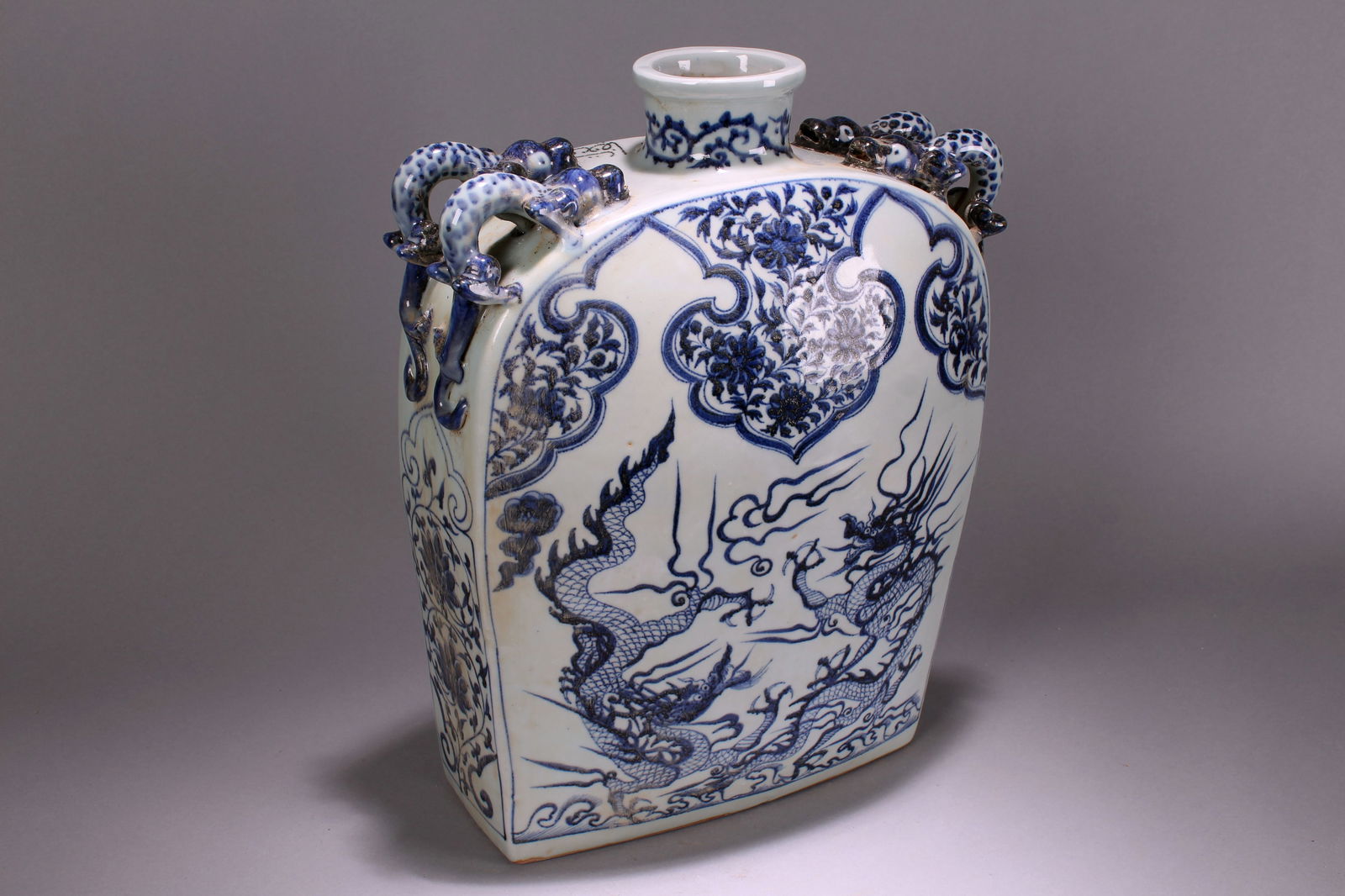 A Chinese Massive Duo-handled Fortune Blue and White Porcelain Vase: A Chinese Massive Duo-handled Fortune Blue and White Porcelain Vase . Height: 15 (inch). Length: 9.75 (inch). Width: 4 (inch).