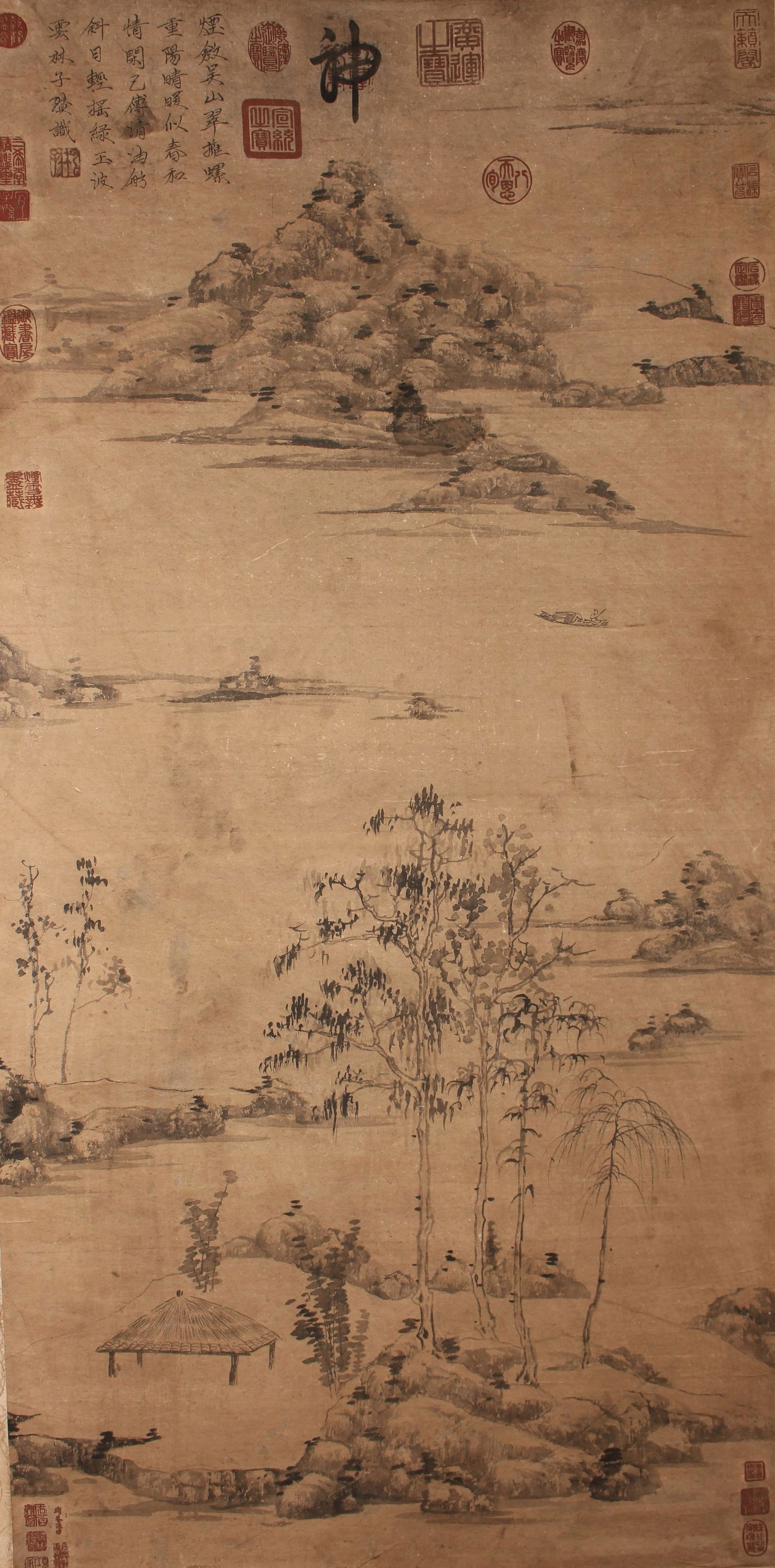 A Chinese Poetry-framing Mountain-view Fortune Scroll: A Chinese Poetry-framing Mountain-view Fortune Scroll . Length: 50(inch). Width: 25 (inch).
