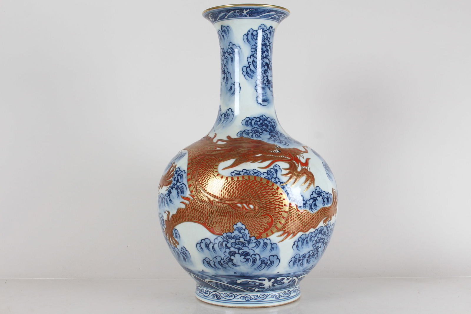 A Chinese Massive Dragon-decorating Blue and White Porcelain Fortune Vase: A Chinese Massive Dragon-decorating Blue and White Porcelain Fortune Vase . Height: 18.75 (inch).