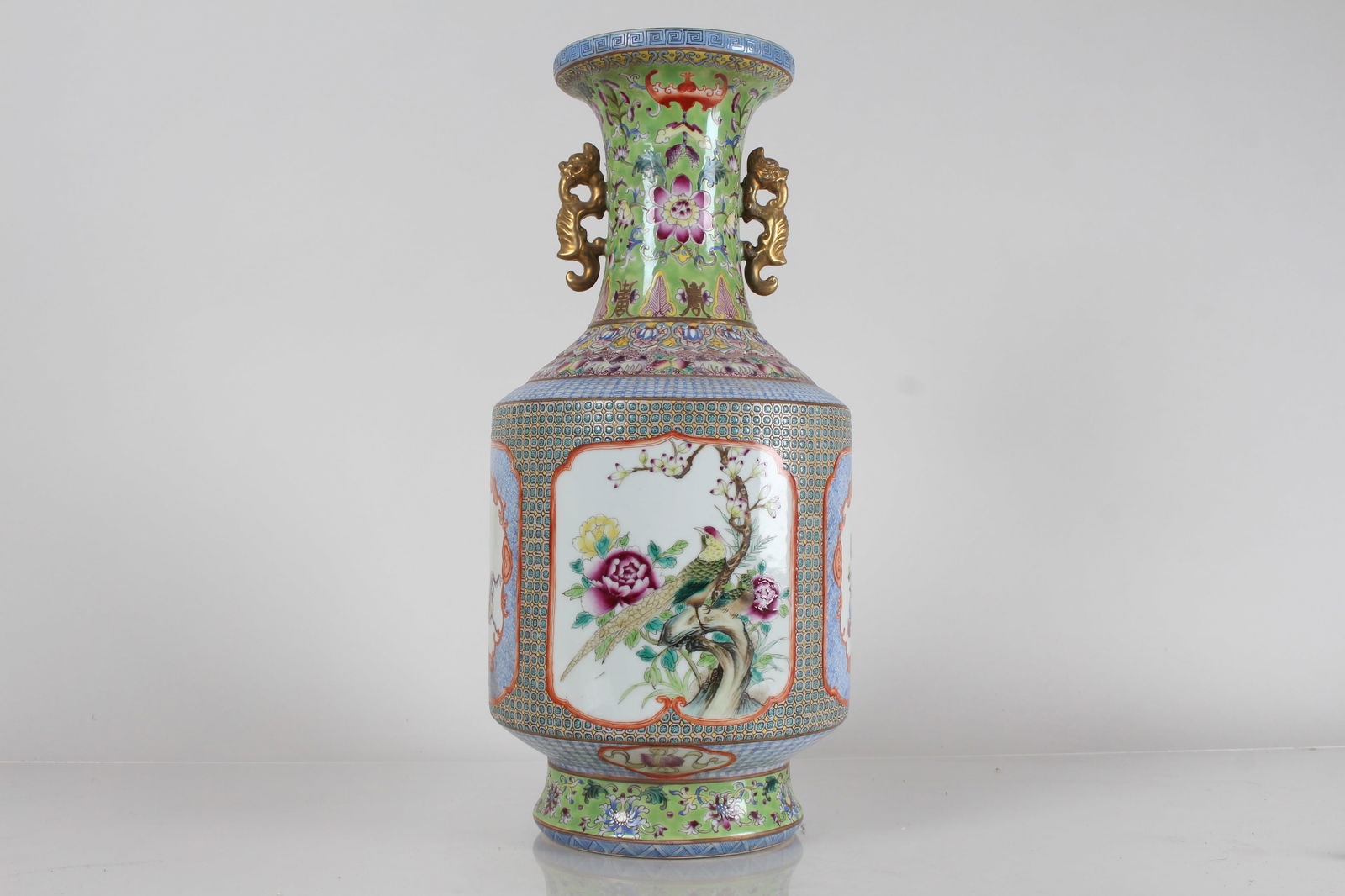 A Chinese Duo-handled Window-framing Detailed Massive Porcelain Fortune Vase: A Chinese Duo-handled Window-framing Detailed Massive Porcelain Fortune Vase . Height: 17 (inch).