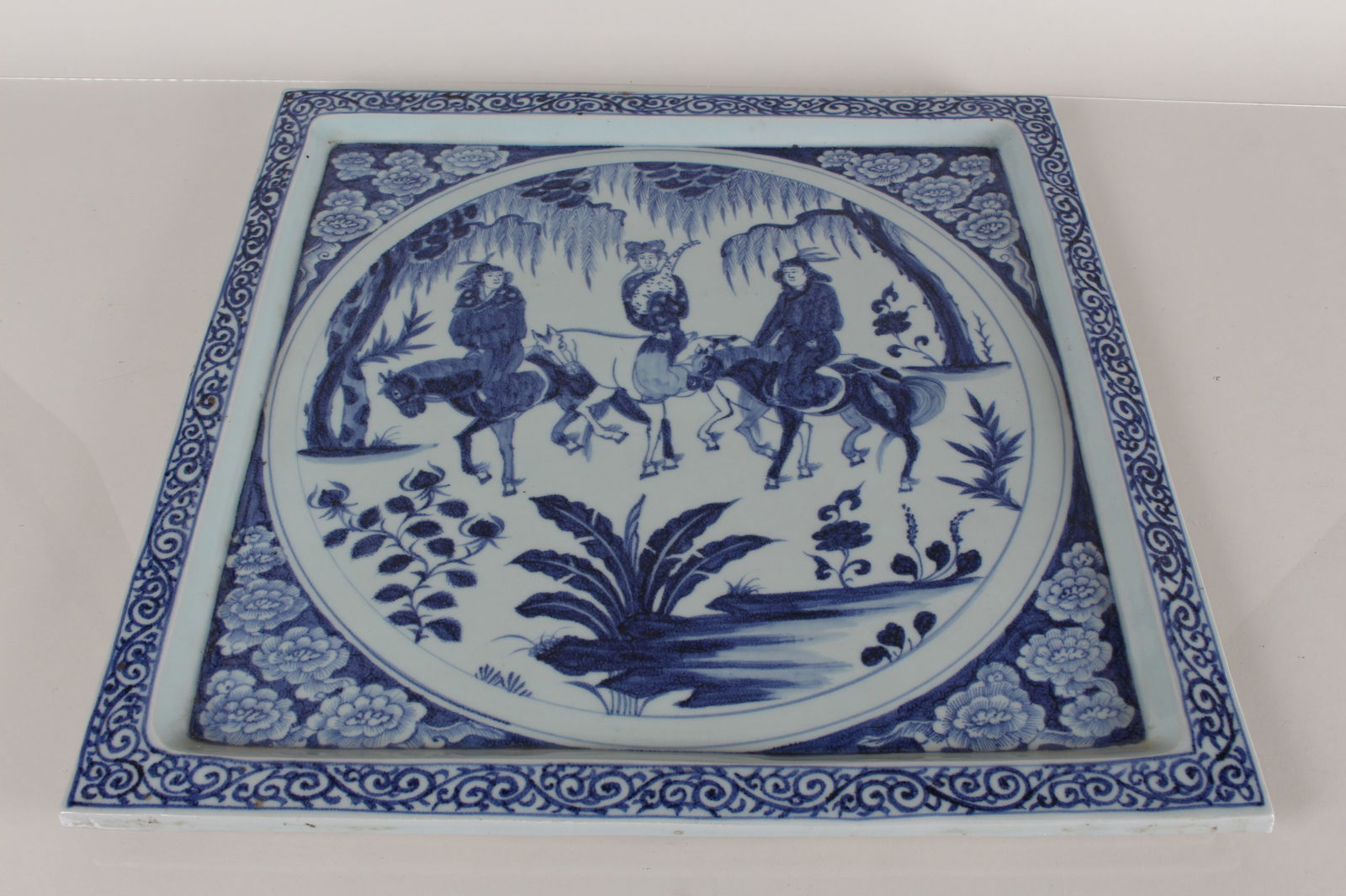 A Chinese Massive Story-telling Detailed Blue and White Porcelain Fortune Plate: A Chinese Massive Story-telling Detailed Blue and White Porcelain Fortune Plate. Length: 17 (inch). Width: 17 (inch).