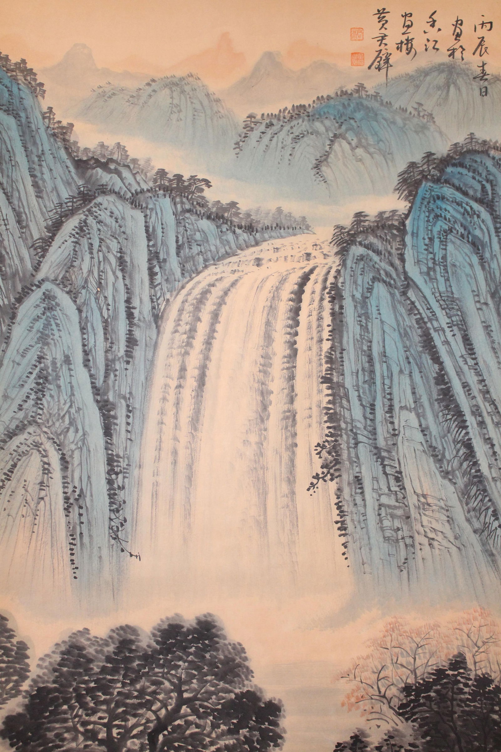 A Chinese Blue-coding Detailed Mountain-view Fortune Scroll - 2