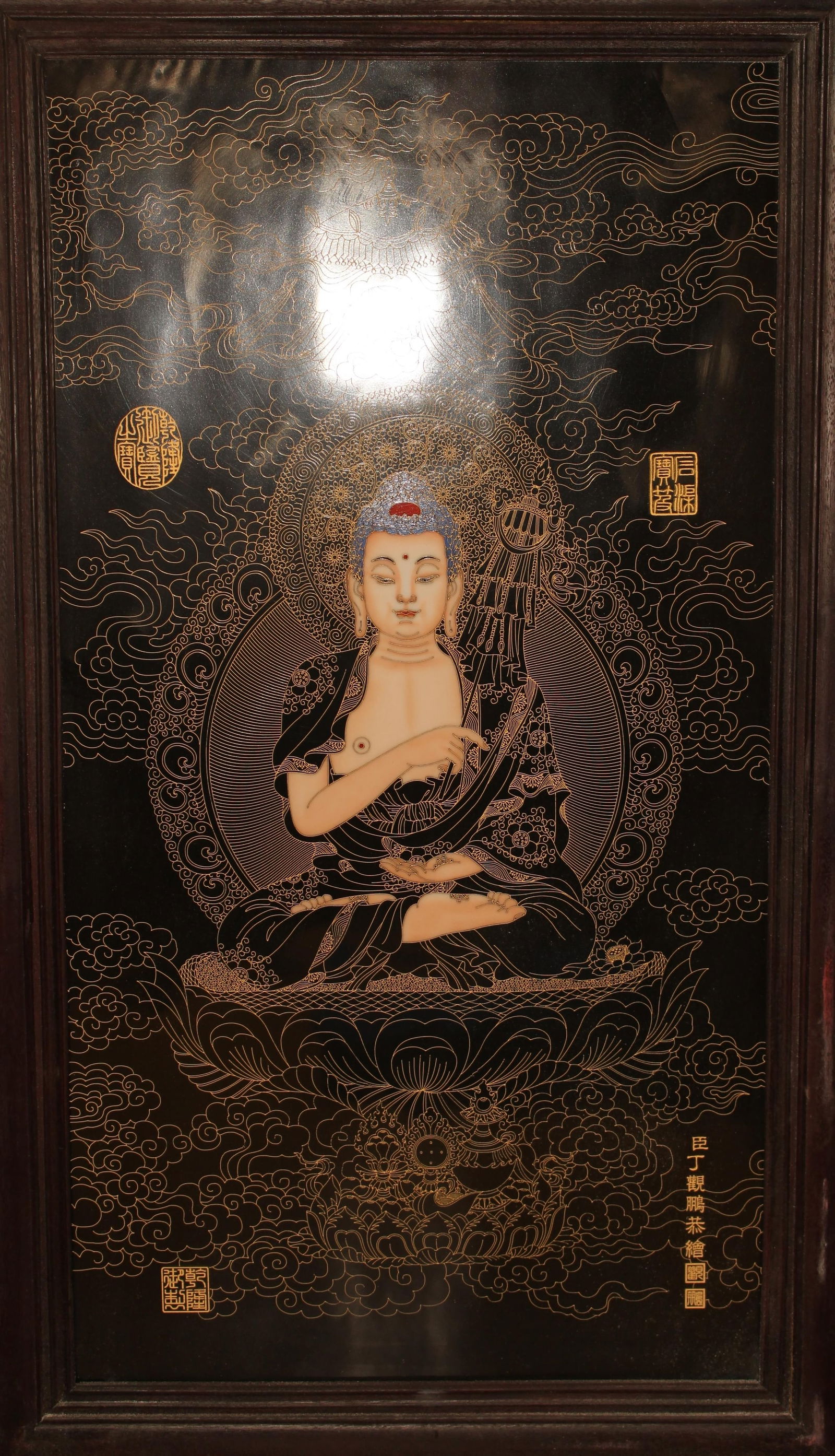 A Hardwood Chinese Bodhisattva Massive Religious Porcelain Plaque: A Hardwood Chinese Bodhisattva Massive Religious Porcelain Plaque. Height: 20(inch). Length: 35 (inch). Width: 1 (inch).
