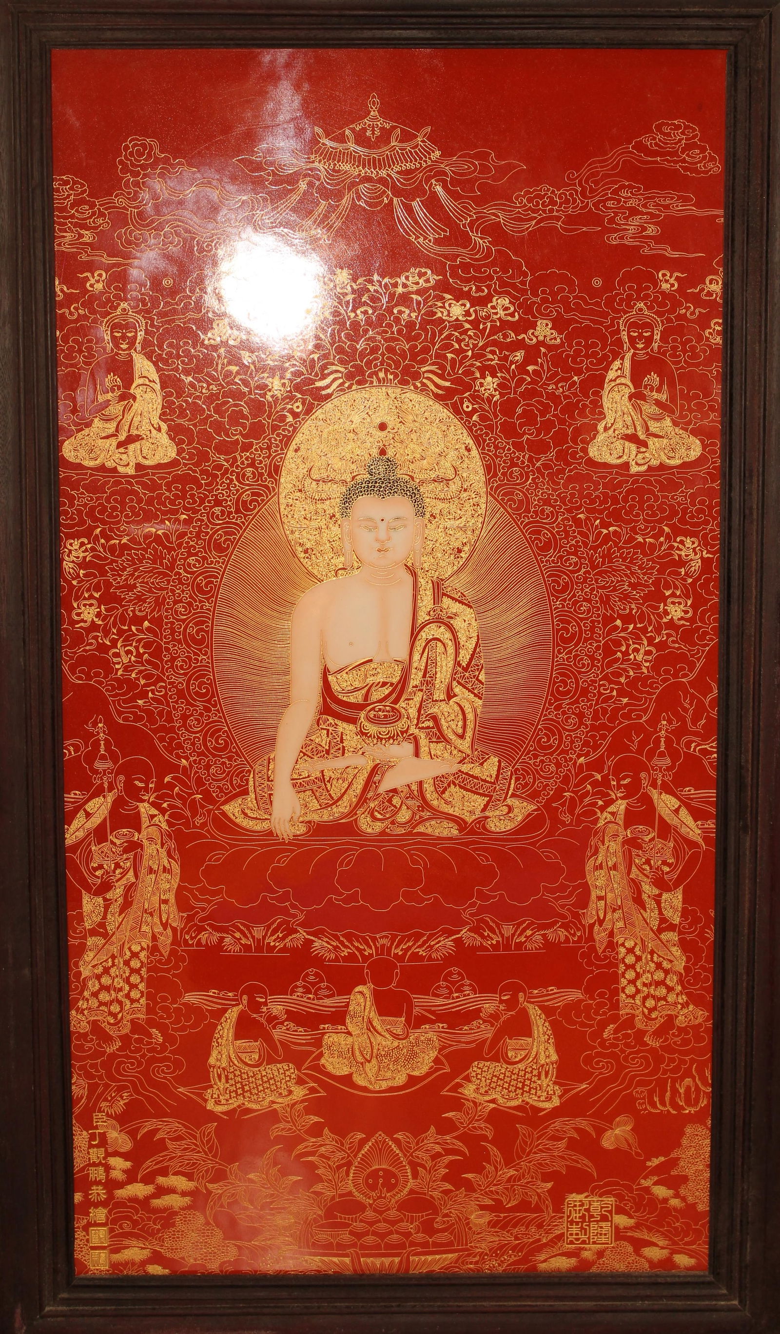 A Hardwood Chinese Bodhisattva Massive Religious Porcelain Plaque: A Hardwood Chinese Bodhisattva Massive Religious Porcelain Plaque. Height: 20(inch). Length: 35 (inch). Width: 1 (inch).
