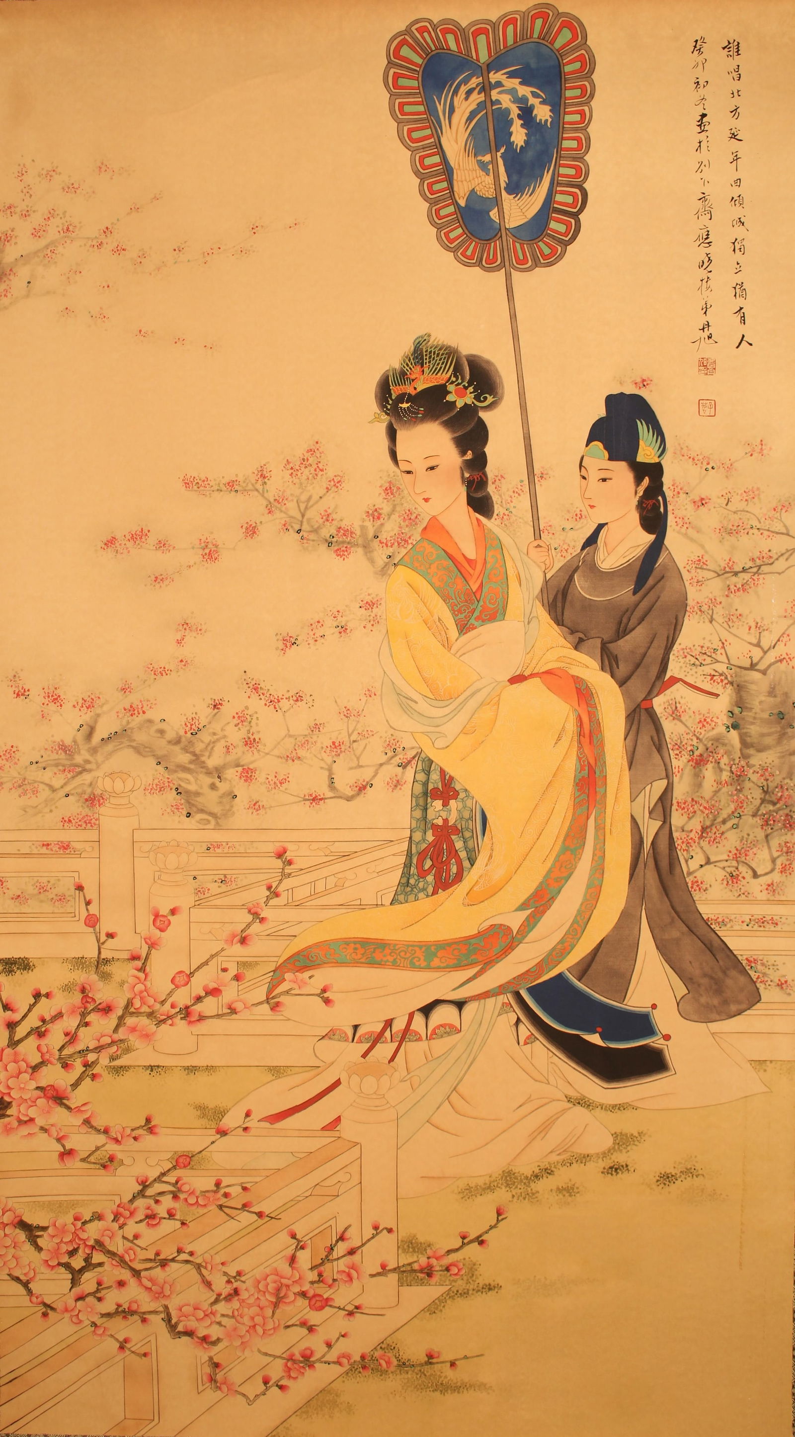 A Chinese Poetry-framing Lady-portrait Fortune Scroll: A Chinese Poetry-framing Lady-portrait Fortune Scroll . Length: 42 (inch). Width: 23 (inch).