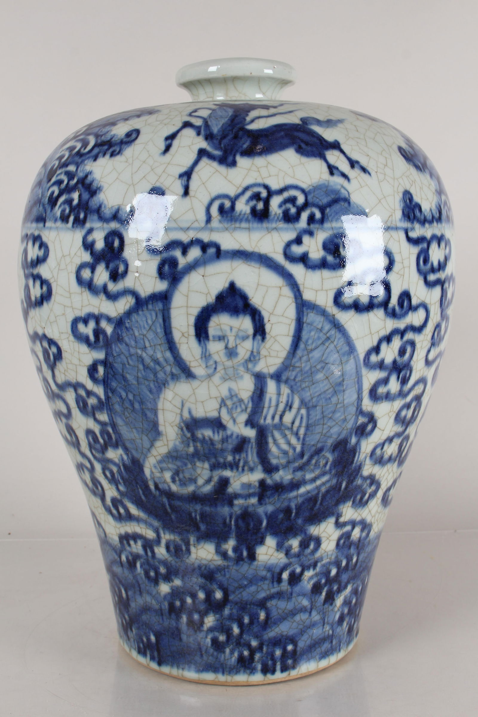 A Chinese Religious Blue and White Massive Porcelain Fortune Vase: A Chinese Religious Blue and White Massive Porcelain Fortune Vase . Height: 15.5 (inch).