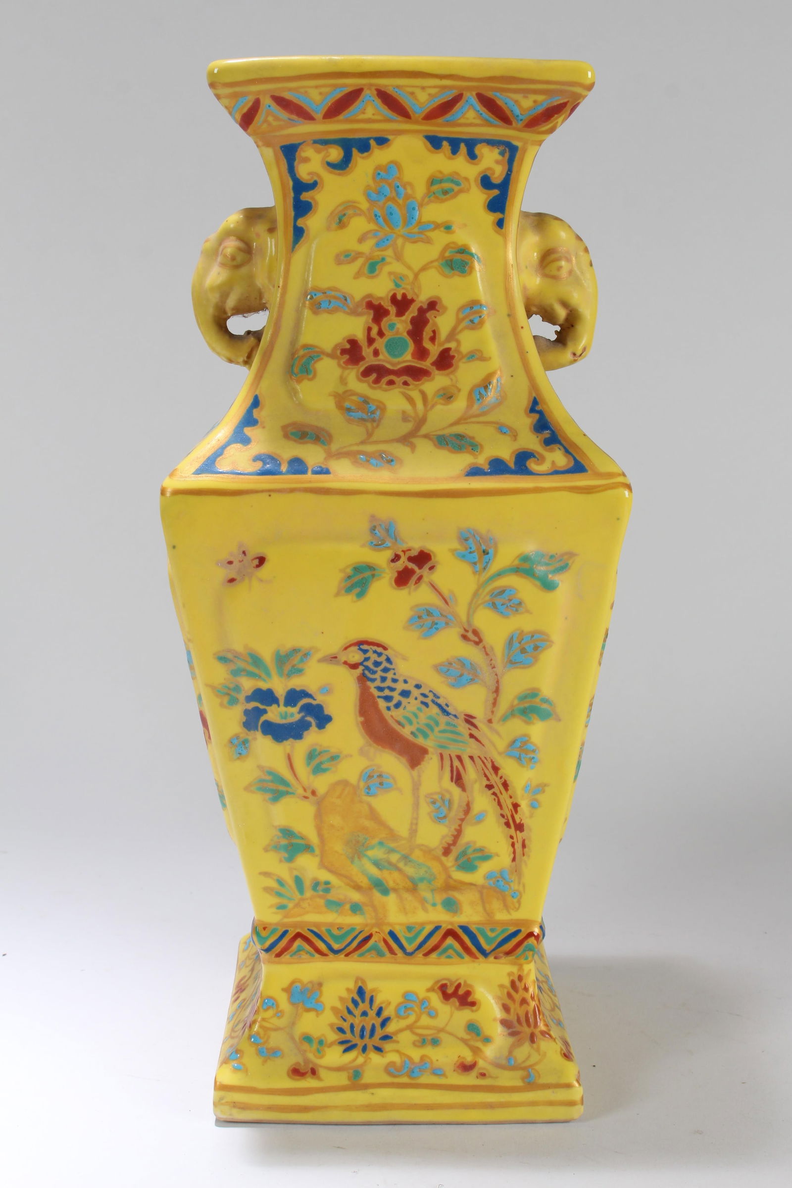A Chinese Square-based Yellow-coding Nature-sceen Porcelain Fortune Vase (1 of 4)