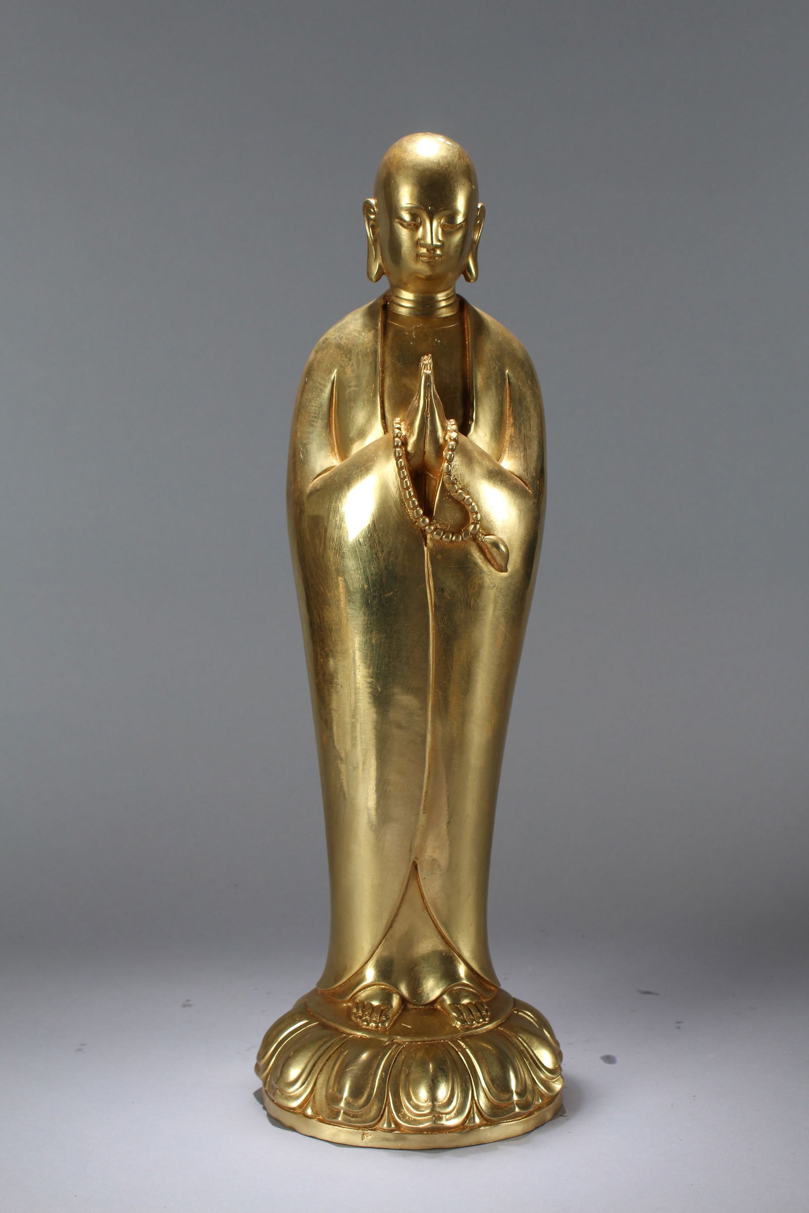 A Chinese Pondering-pose Gilt Religious Fortune Vividly-detailed Buddha Statue: A Chinese Pondering-pose Gilt Religious Fortune Vividly-detailed Buddha Statue. Height: 19 (inch). Width: 6.5 (inch)