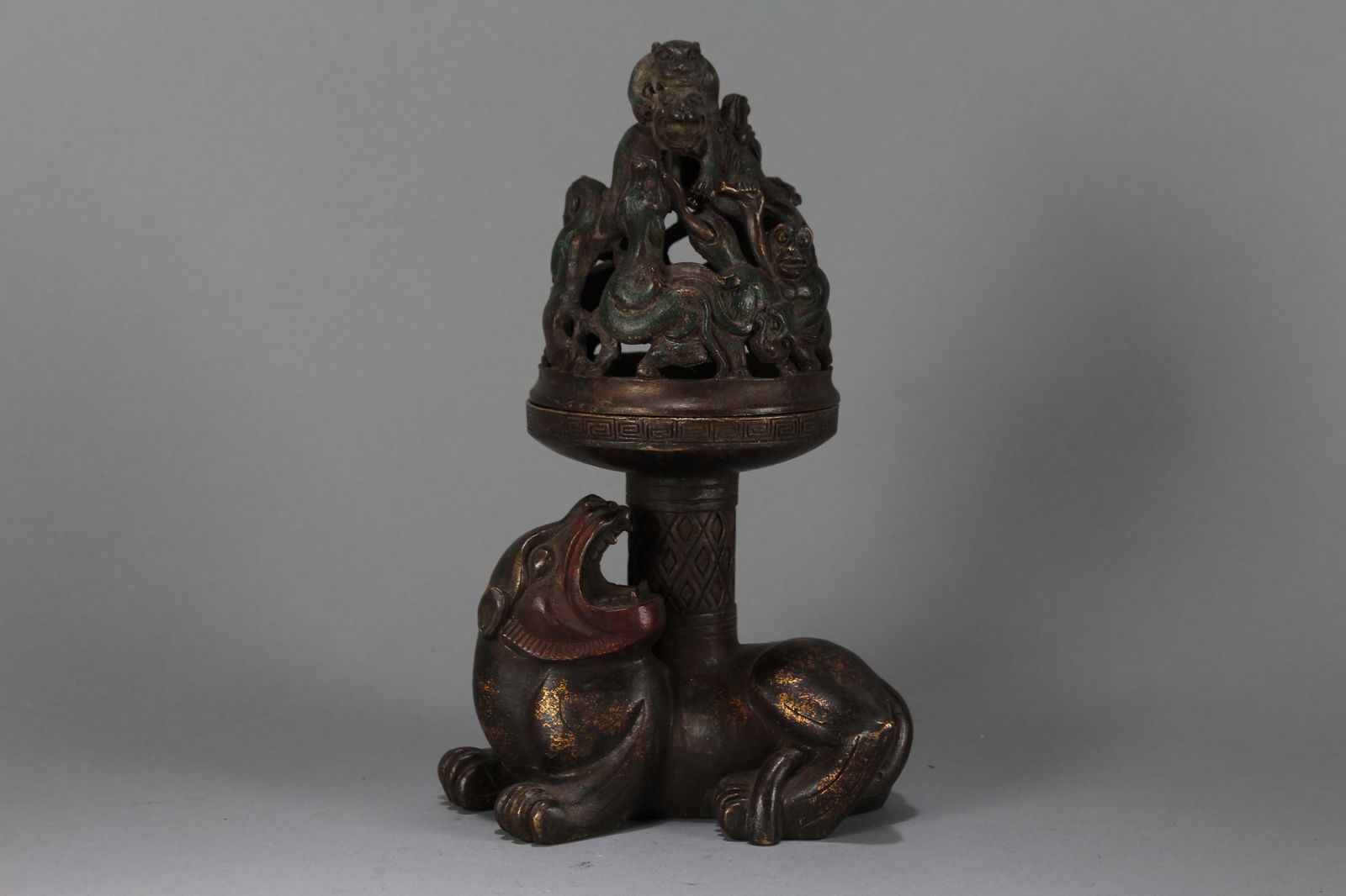 A Chinese Religious Lidded Myth-beast Fortune Statue: A Chinese Religious Lidded Myth-beast Fortune Statue. Height : 9.25 (inch). Width : 6 (inch). Length : 3 (inch).