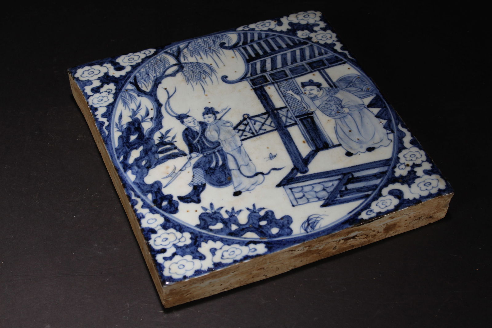 A Chinese Square-based Blue and White Porcelain Fortune Pannel: A Chinese Square-based Blue and White Porcelain Fortune Pannel. Height: 1 (inch). Length: 7.75 (inch). Width: 7.75 (inch).