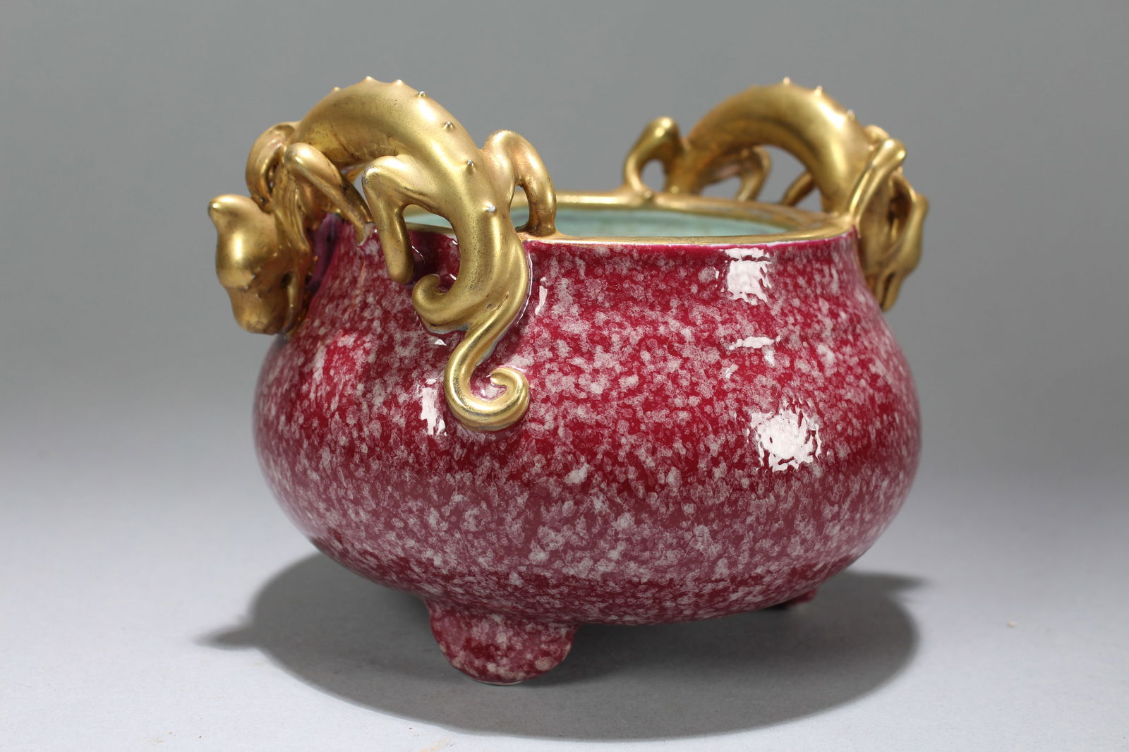A Chinese Duo-handled Myth-beast Color-changed Porcelain Fortune Censer: A Chinese Duo-handled Myth-beast Color-changed Porcelain Fortune Censer . Height: 4.5 (inch). Opening Diameter: 6 (inch).