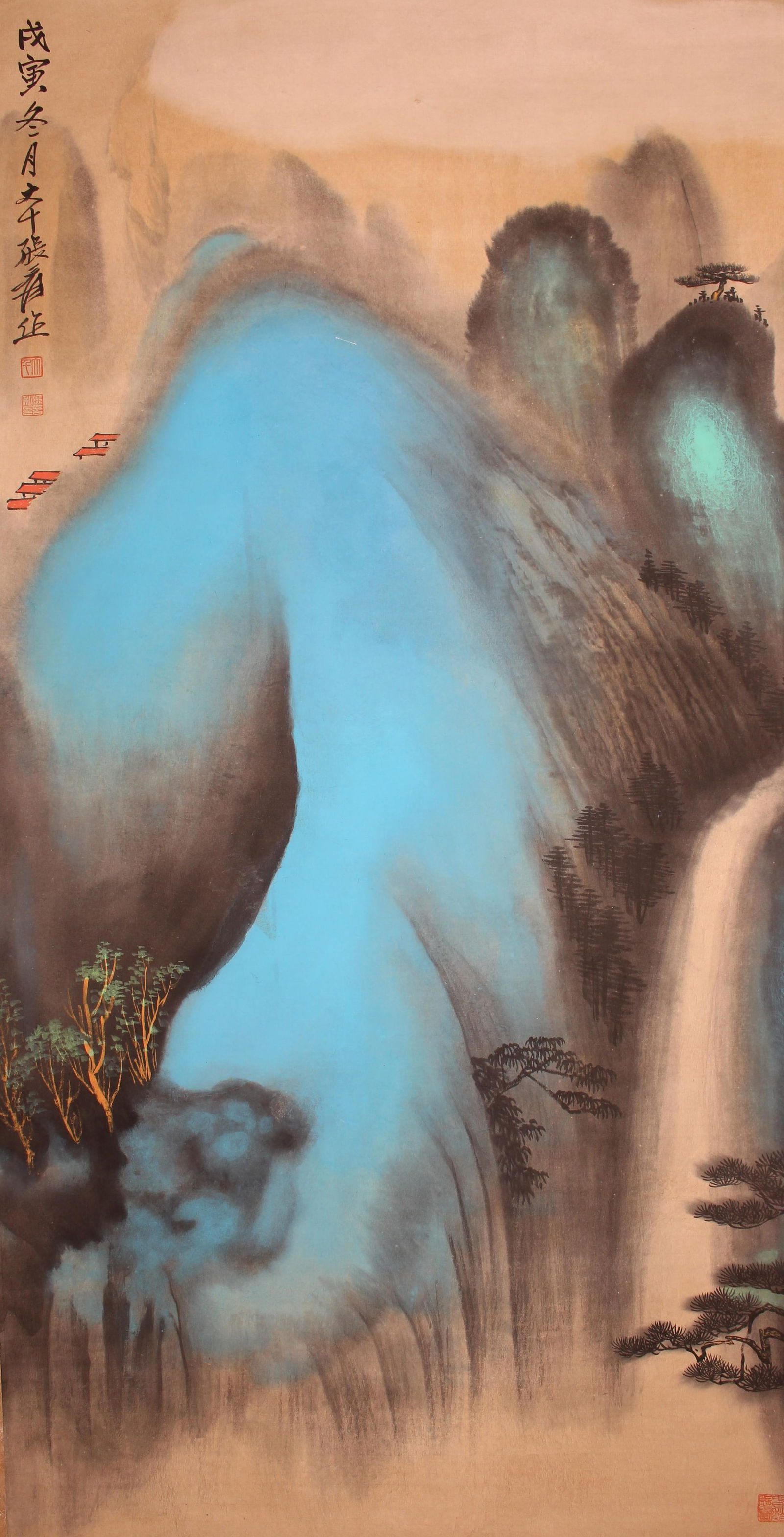 A Chinese Mountain-view Fortune Scroll: A Chinese Mountain-view Fortune Scroll . Length: 50(inch). Width: 25 (inch).