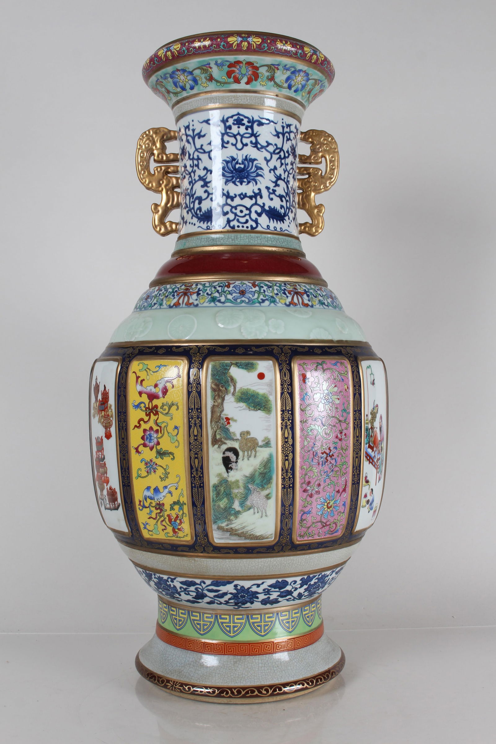 A Chinese Queen-porcelain Duo-handled Massive Multi-framing Porcelain Fortune Vase: A Chinese Queen-porcelain Duo-handled Massive Multi-framing Porcelain Fortune Vase . Height: 24.25 (inch).